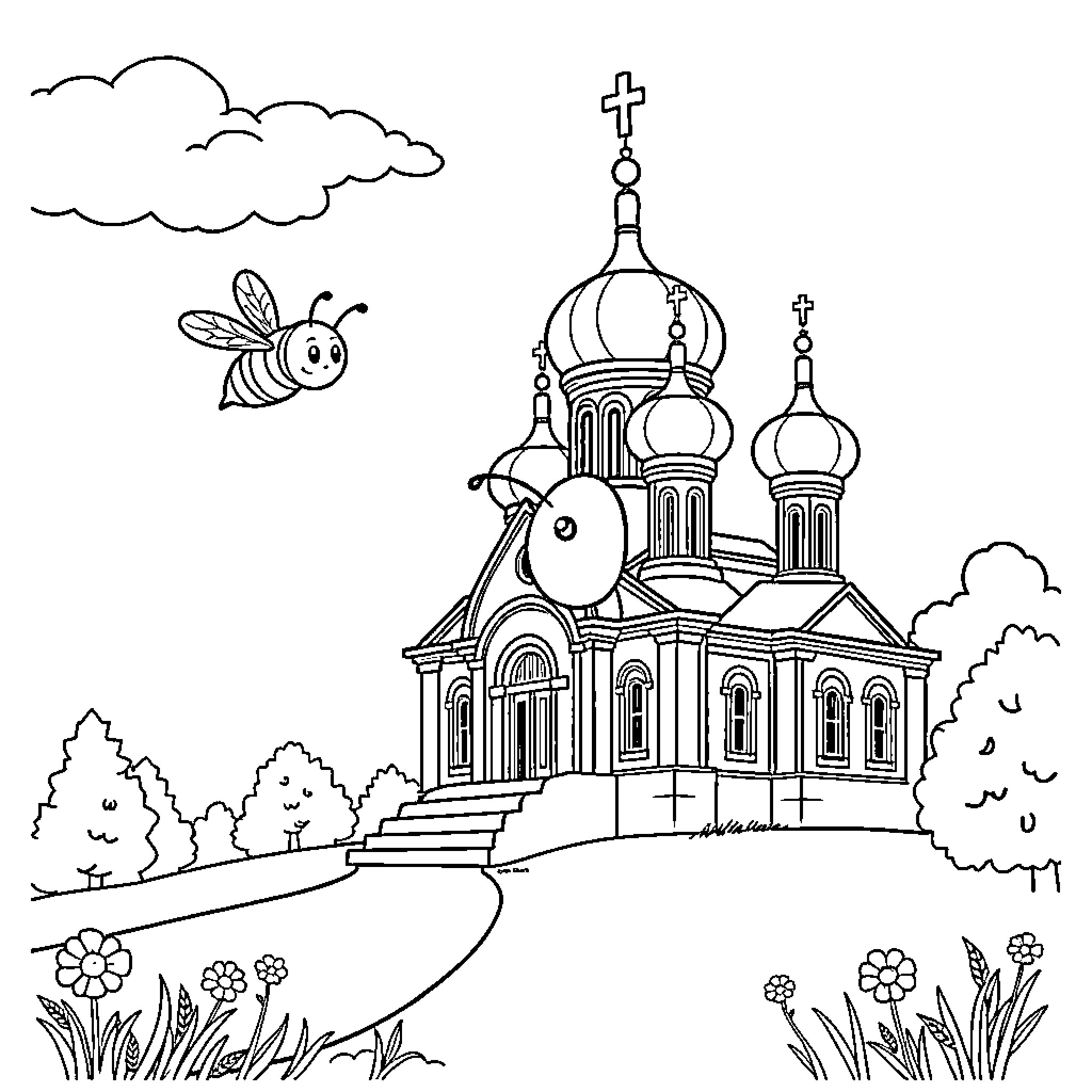Bumble Bee exploring an ornate cathedral in nature Coloring Page (free black-and-white line drawing printable PDF for all, from beginners to advanced learners, including children, teens, adults, and seniors)
