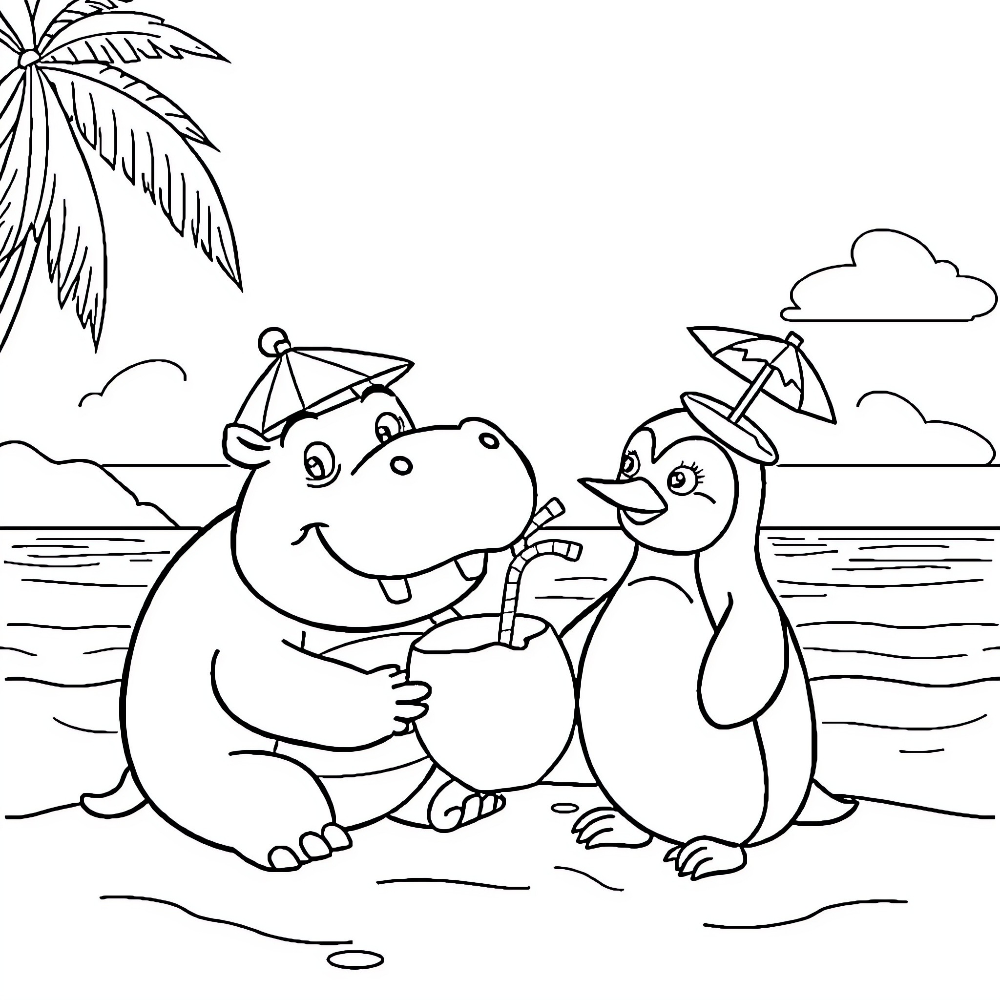 Hippopotamus and penguin enjoying a beach day Coloring Page (free black-and-white line drawing printable PDF for all, from beginners to advanced learners, including children, teens, adults, and seniors)