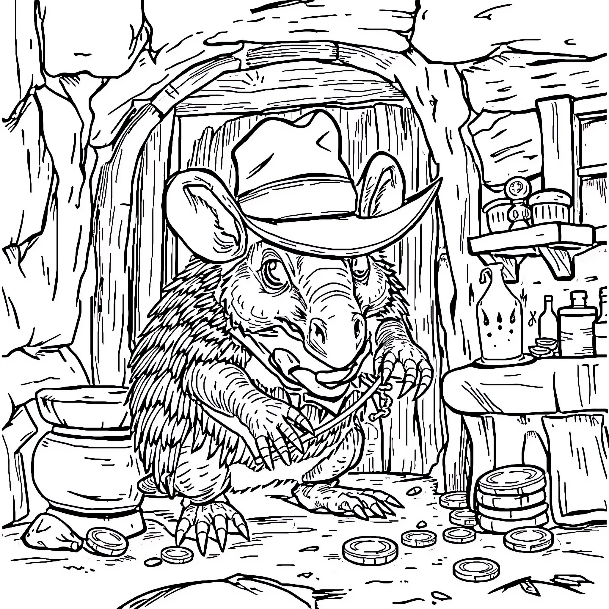 Armadillo Prospector Exploring Rustic Cabin Interior Coloring Page (free black-and-white line drawing printable PDF for all, from beginners to advanced learners, including children, teens, adults, and seniors)