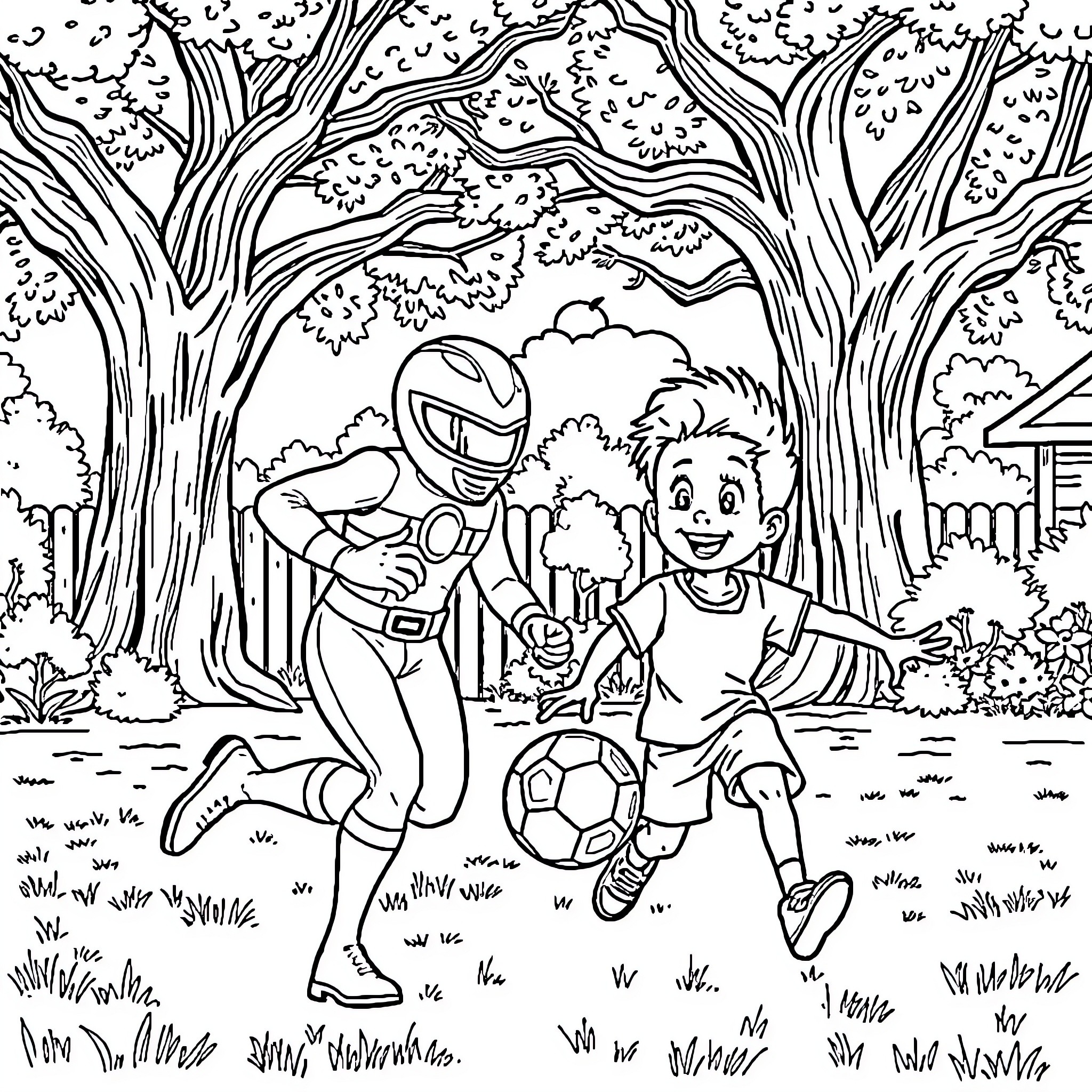 Red Ranger Plays Soccer with Young Athlete in the Forest Coloring Page (free black-and-white line drawing printable PDF for all, from beginners to advanced learners, including children, teens, adults, and seniors)