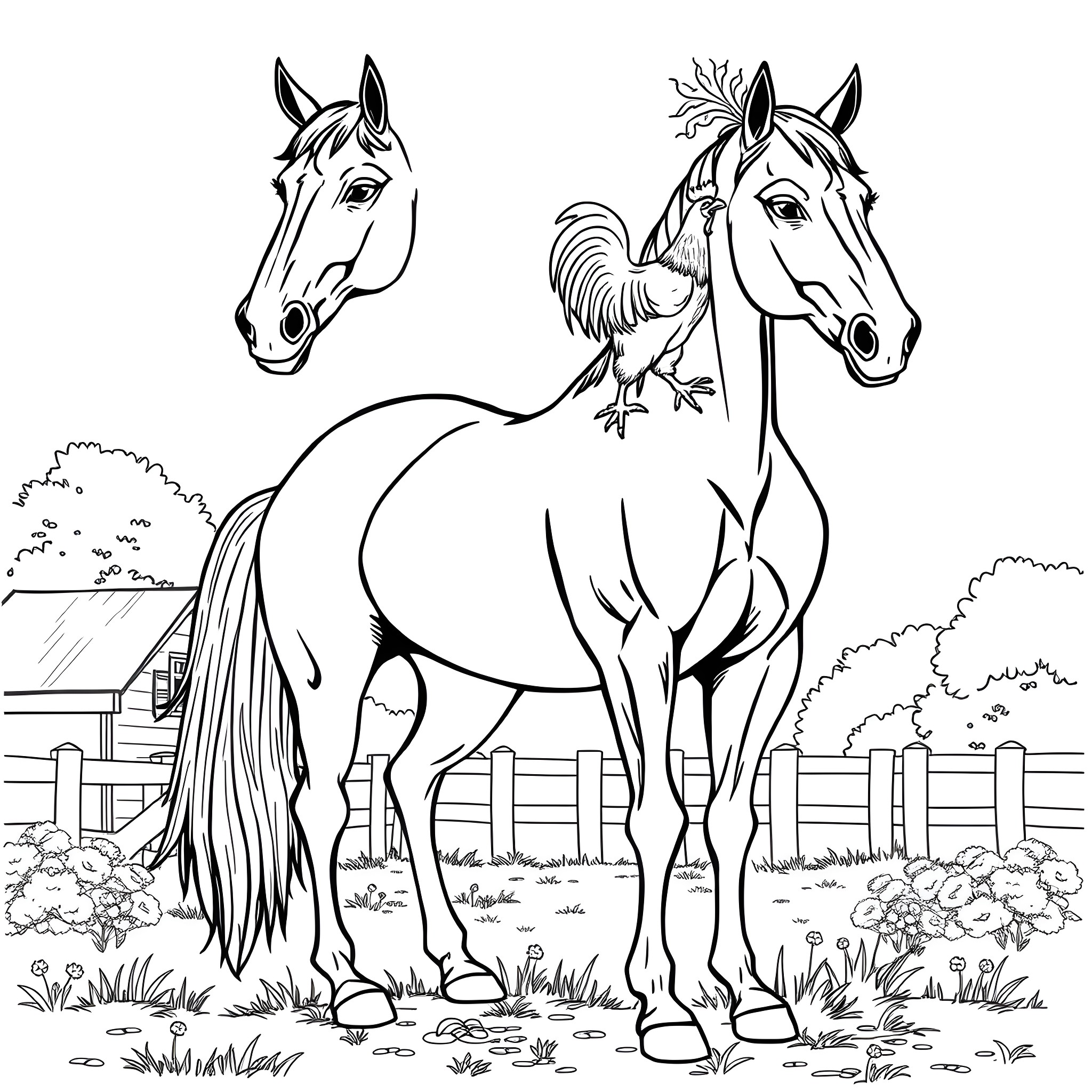 Horses enjoying a peaceful day on the farm Coloring Page (free black-and-white line drawing printable PDF for all, from beginners to advanced learners, including children, teens, adults, and seniors)