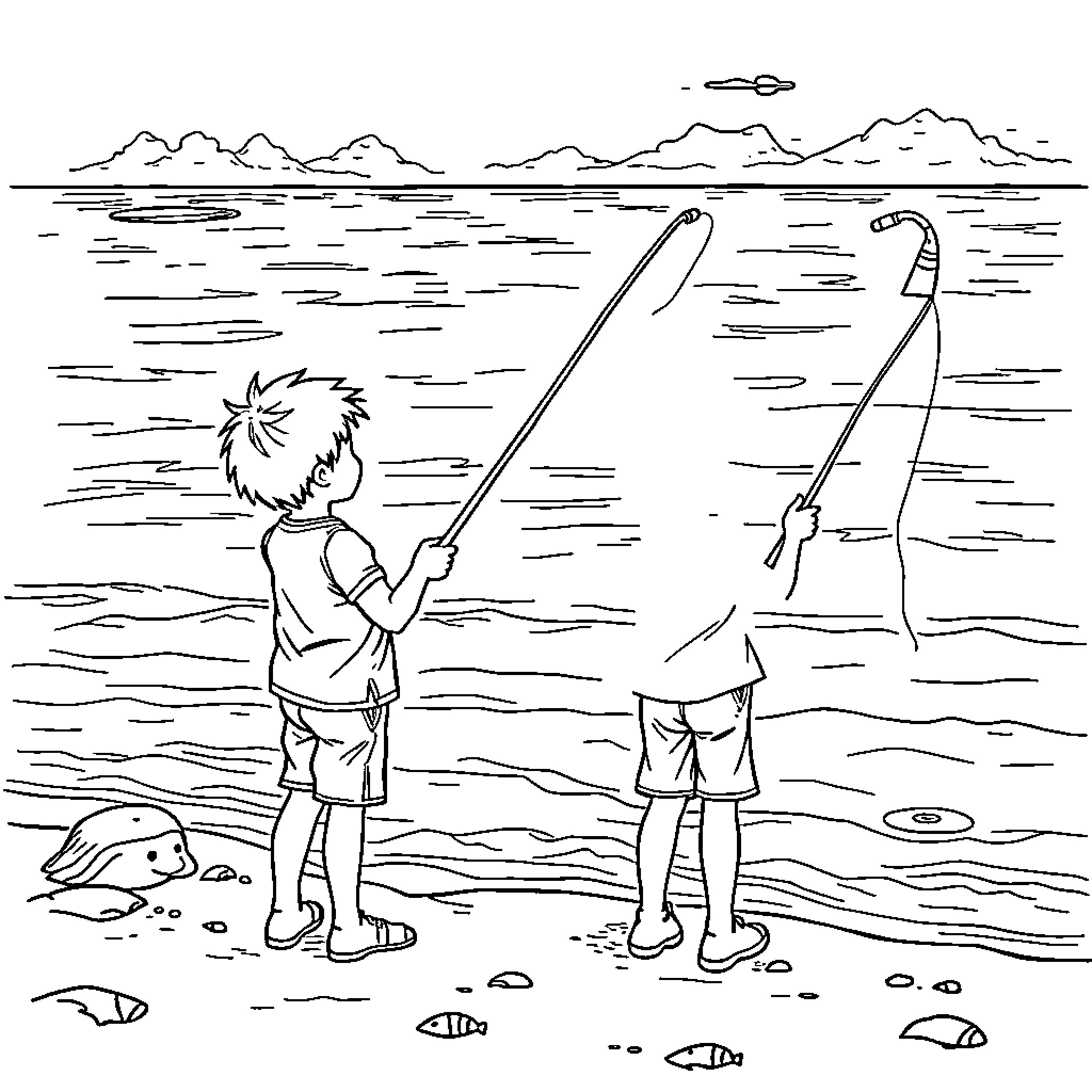 Boys fishing by the lake with mountains in the background Coloring Page (free black-and-white line drawing printable PDF for all, from beginners to advanced learners, including children, teens, adults, and seniors)