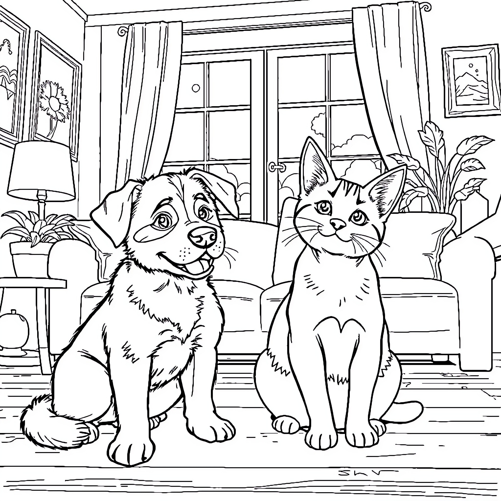 Dog and Cat relaxing together at home Coloring Page (free black-and-white line drawing printable PDF for all, from beginners to advanced learners, including children, teens, adults, and seniors)