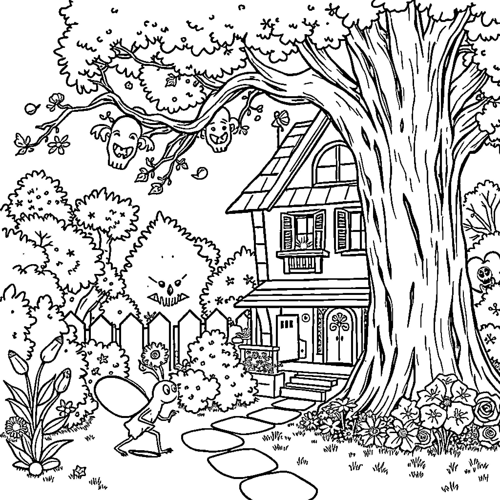 Halloween in the Spooky Forest with a Haunted House Coloring Page (free black-and-white line drawing printable PDF for all, from beginners to advanced learners, including children, teens, adults, and seniors)