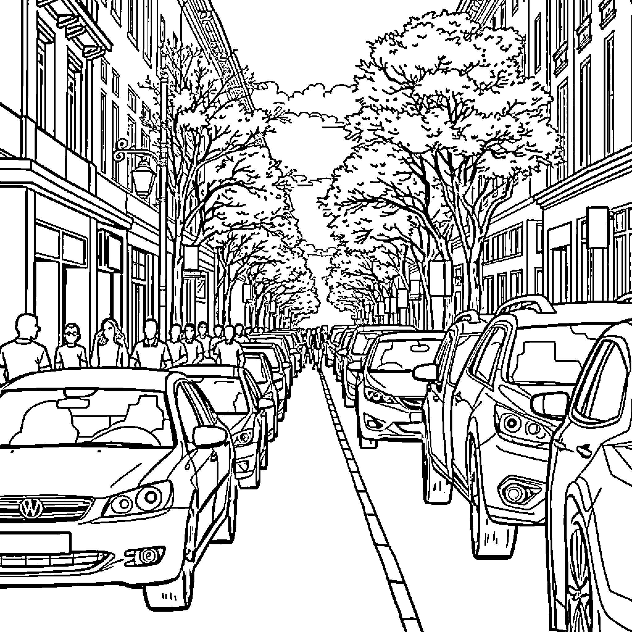 Car-filled city street with pedestrians and trees Coloring Page (free black-and-white line drawing printable PDF for all, from beginners to advanced learners, including children, teens, adults, and seniors)