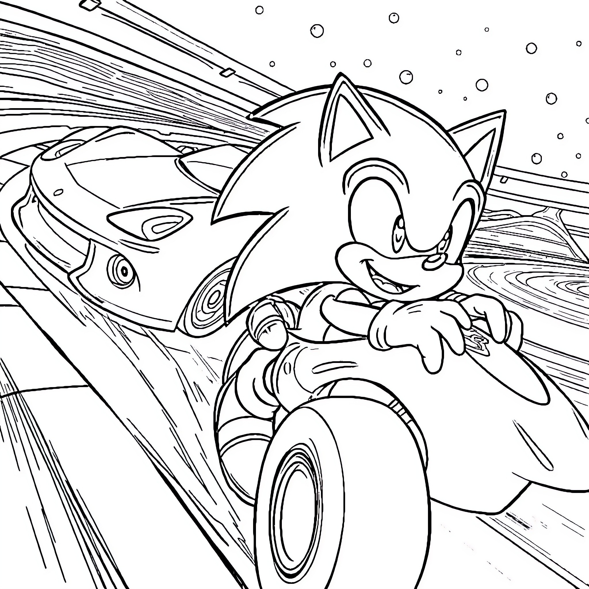 Sonic running at high speed through a stylized landscape Coloring Page (free black-and-white line drawing printable PDF for all, from beginners to advanced learners, including children, teens, adults, and seniors)