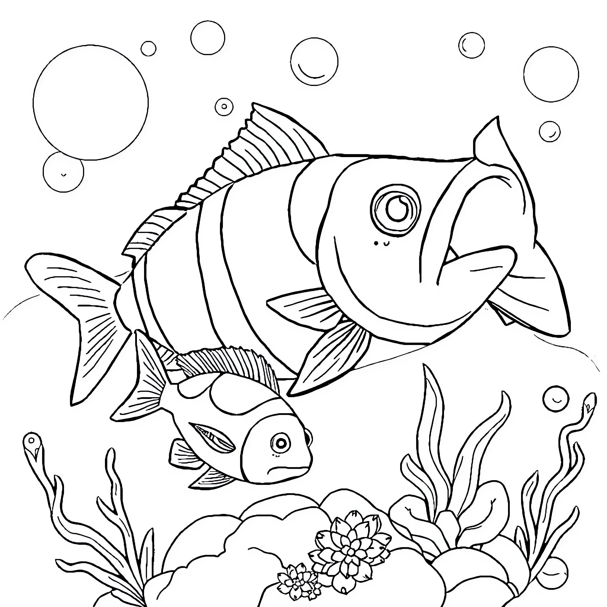Whale swimming with fish in the ocean Coloring Page (free black-and-white line drawing printable PDF for all, from beginners to advanced learners, including children, teens, adults, and seniors)