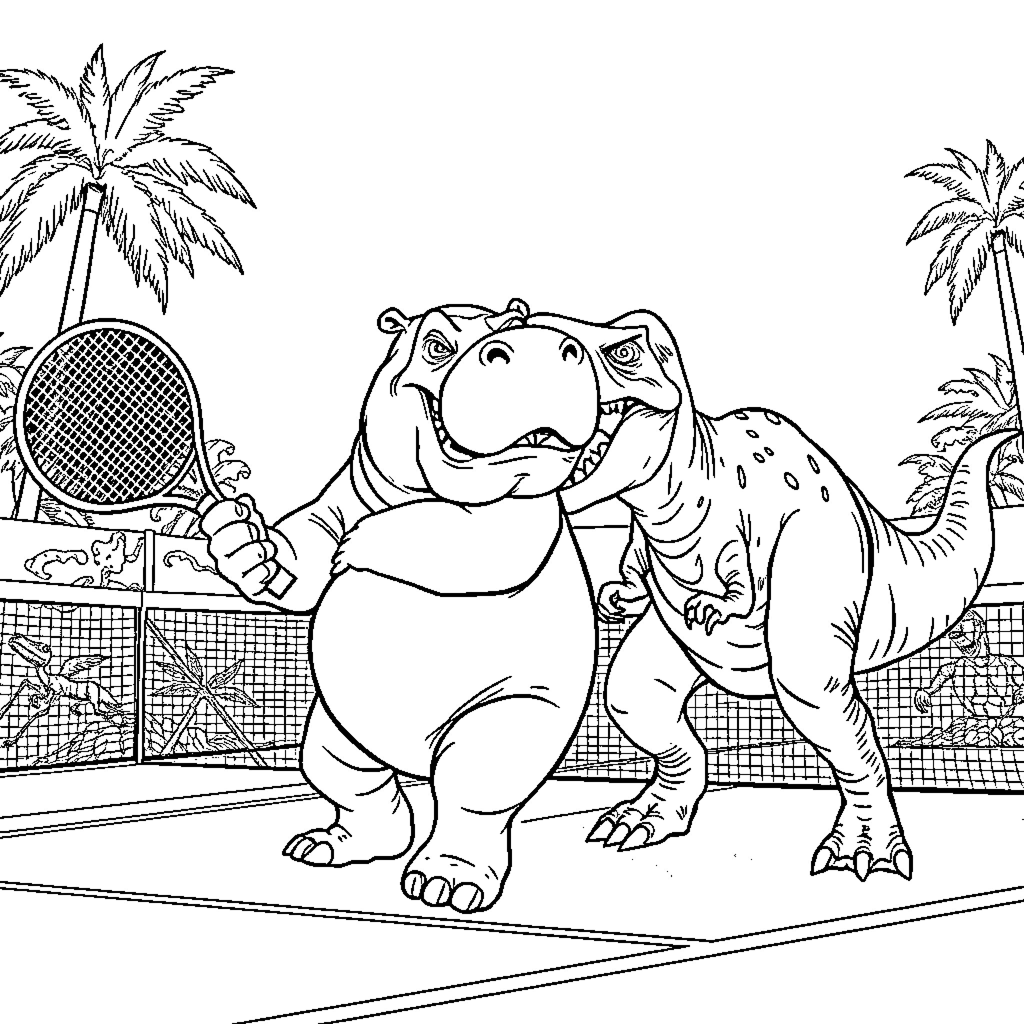 Hippo playing tennis on the court Coloring Page (free black-and-white line drawing printable PDF for all, from beginners to advanced learners, including children, teens, adults, and seniors)