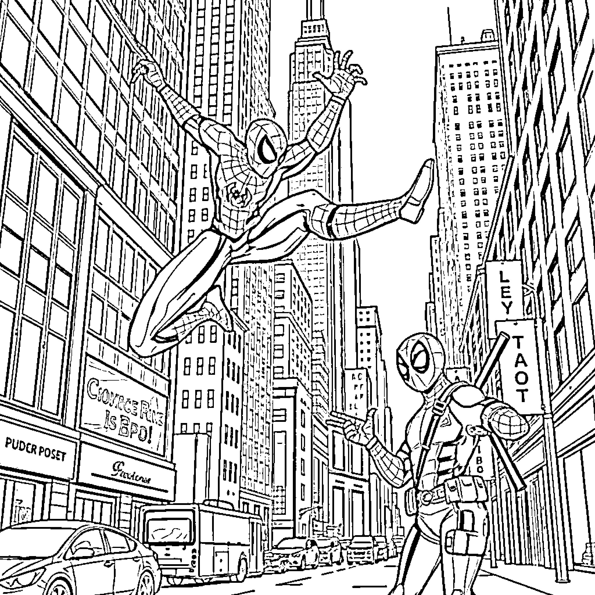 Spiderman swinging through the city streets Coloring Page (free black-and-white line drawing printable PDF for all, from beginners to advanced learners, including children, teens, adults, and seniors)