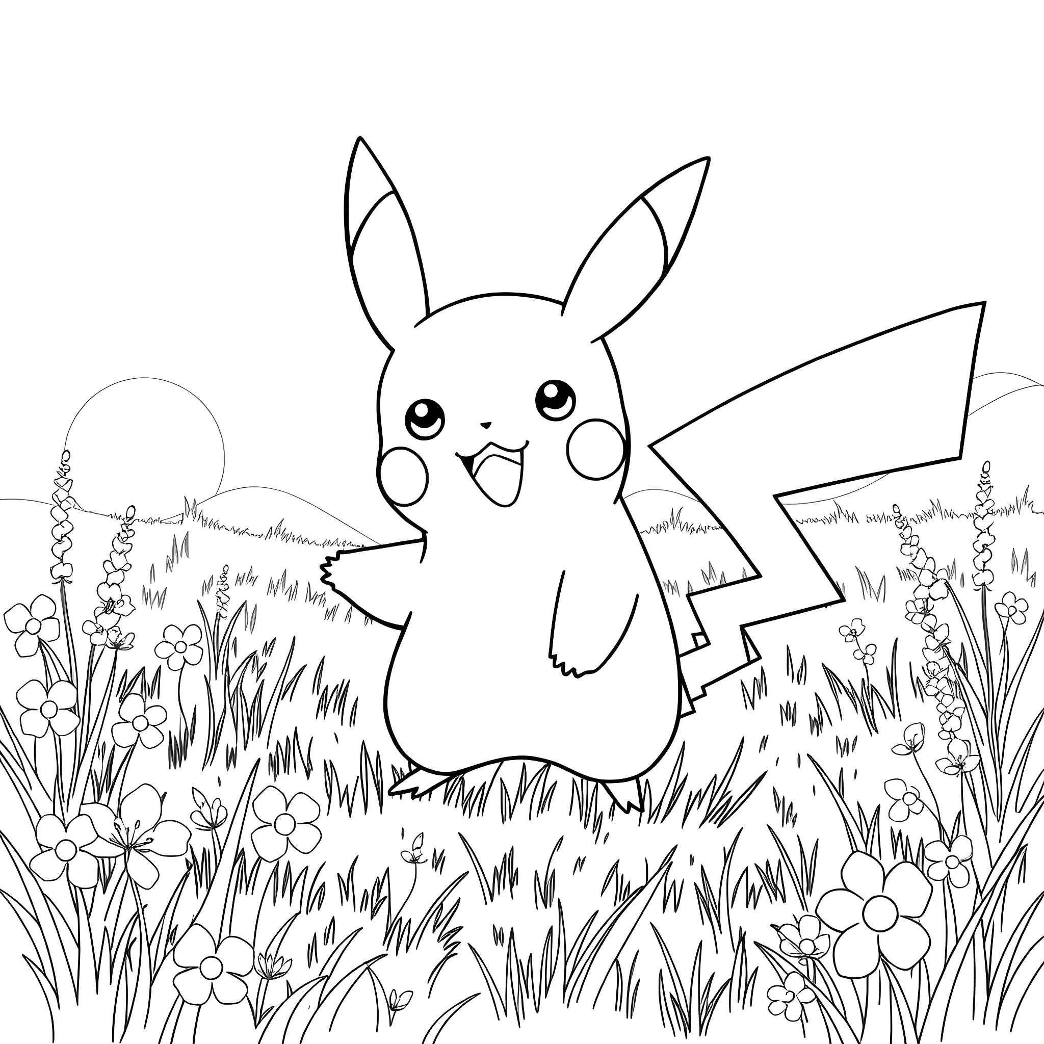 Pikachu playing in the field of flowers Coloring Page (free black-and-white line drawing printable PDF for all, from beginners to advanced learners, including children, teens, adults, and seniors)