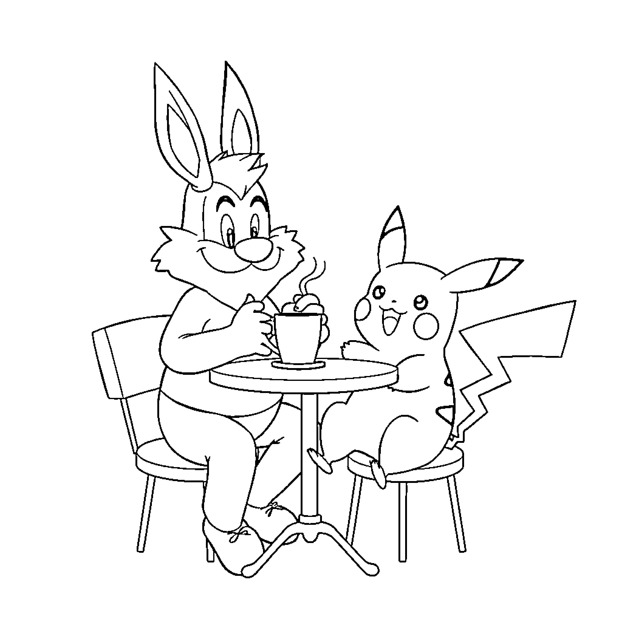 Asterix and Pikachu enjoying drinks together Coloring Page (free black-and-white line drawing printable PDF for all, from beginners to advanced learners, including children, teens, adults, and seniors)