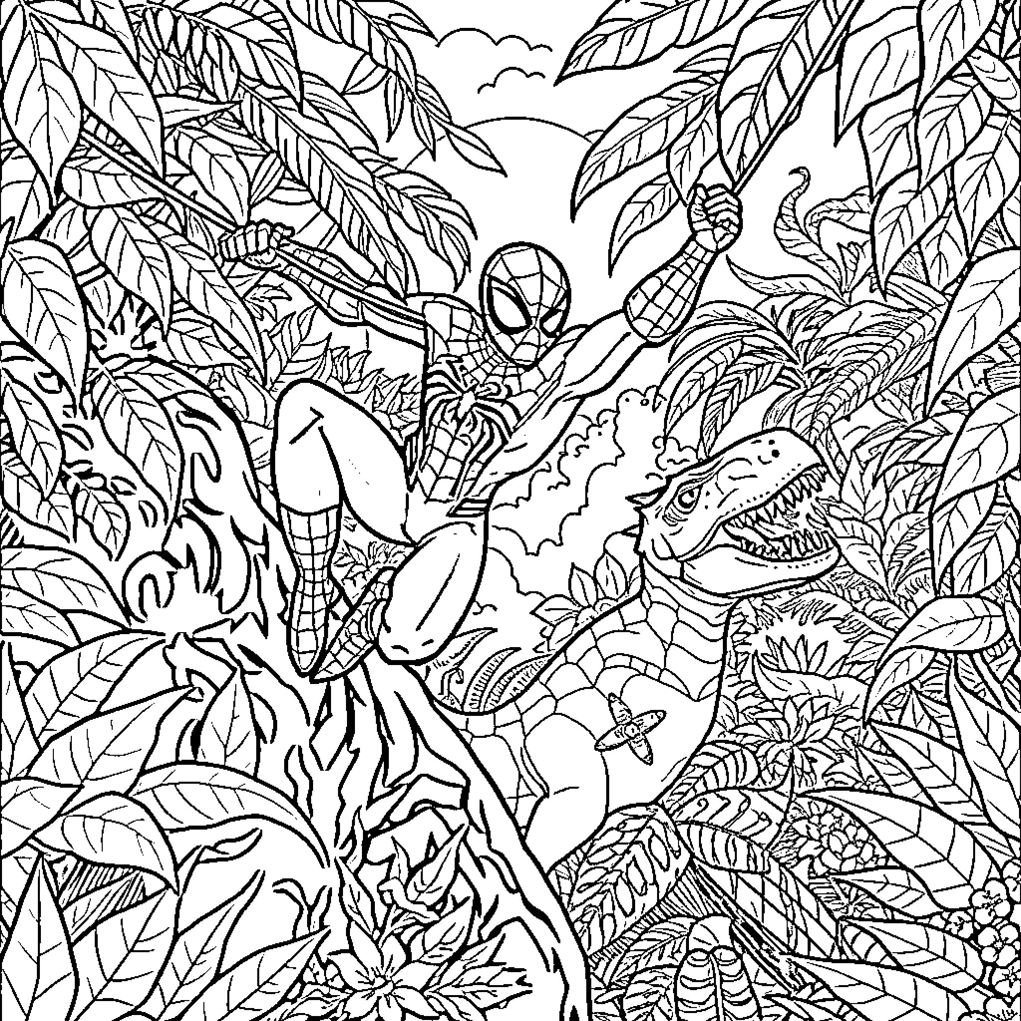 Spiderman swinging through the jungle with dinosaurs Coloring Page (free black-and-white line drawing printable PDF for all, from beginners to advanced learners, including children, teens, adults, and seniors)