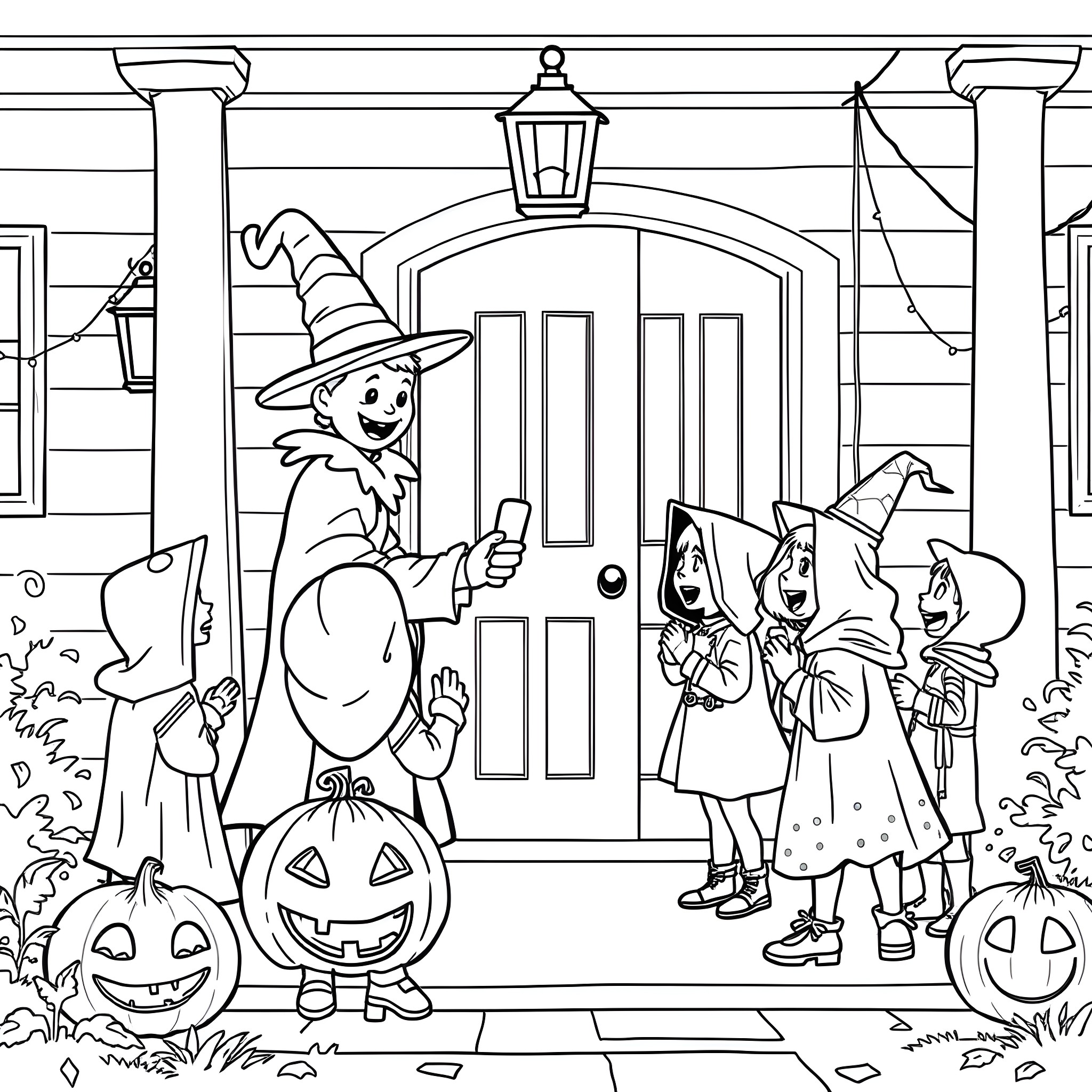Candy trick-or-treating on Halloween night Coloring Page (free black-and-white line drawing printable PDF for all, from beginners to advanced learners, including children, teens, adults, and seniors)