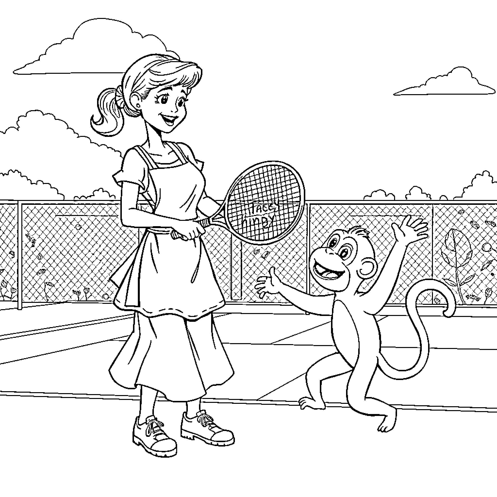Lunch Lady Enjoys Tennis Match with Playful Monkey Coloring Page (free black-and-white line drawing printable PDF for all, from beginners to advanced learners, including children, teens, adults, and seniors)