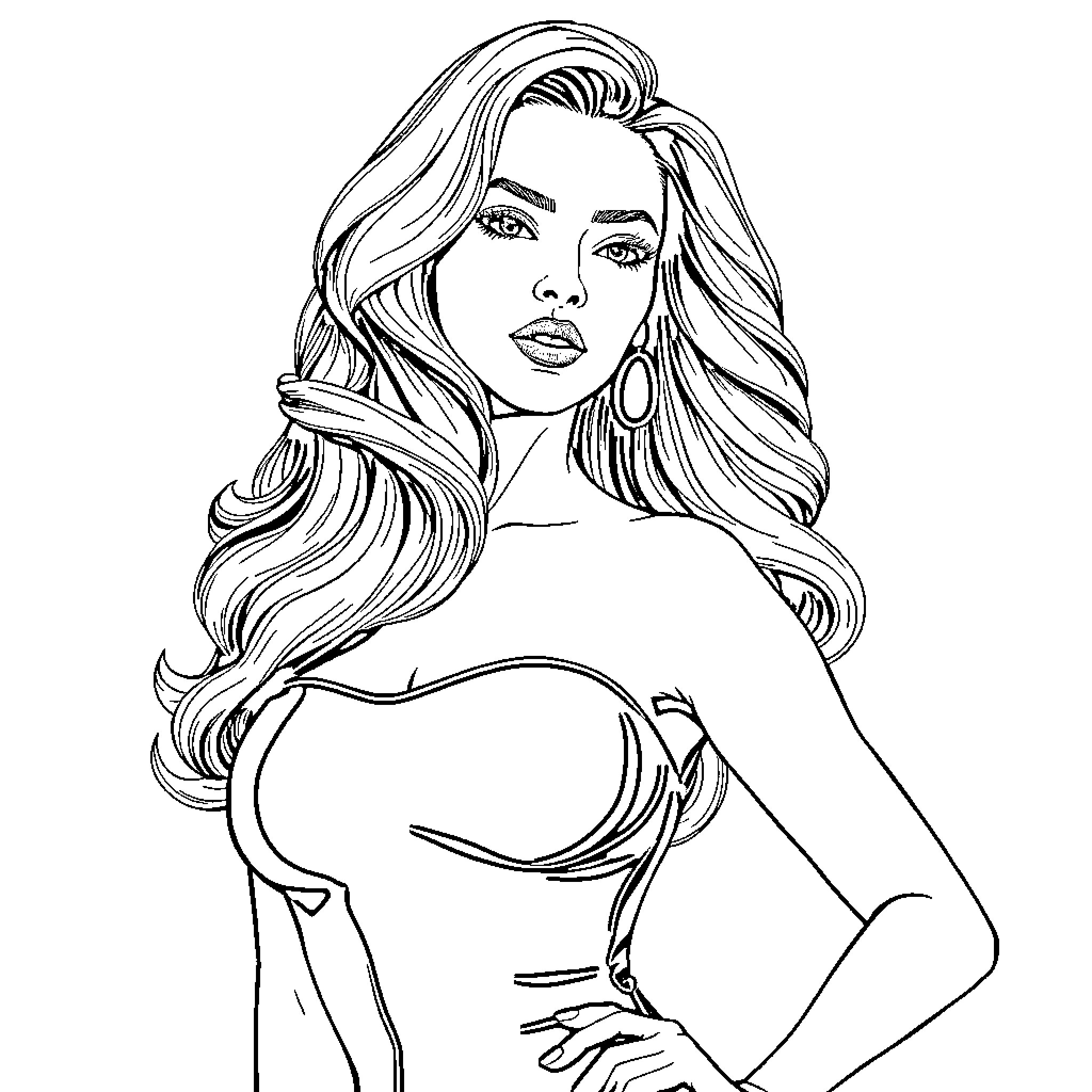 Woman with Flowing Hair and Confident Pose Coloring Page (free black-and-white line drawing printable PDF for all, from beginners to advanced learners, including children, teens, adults, and seniors)