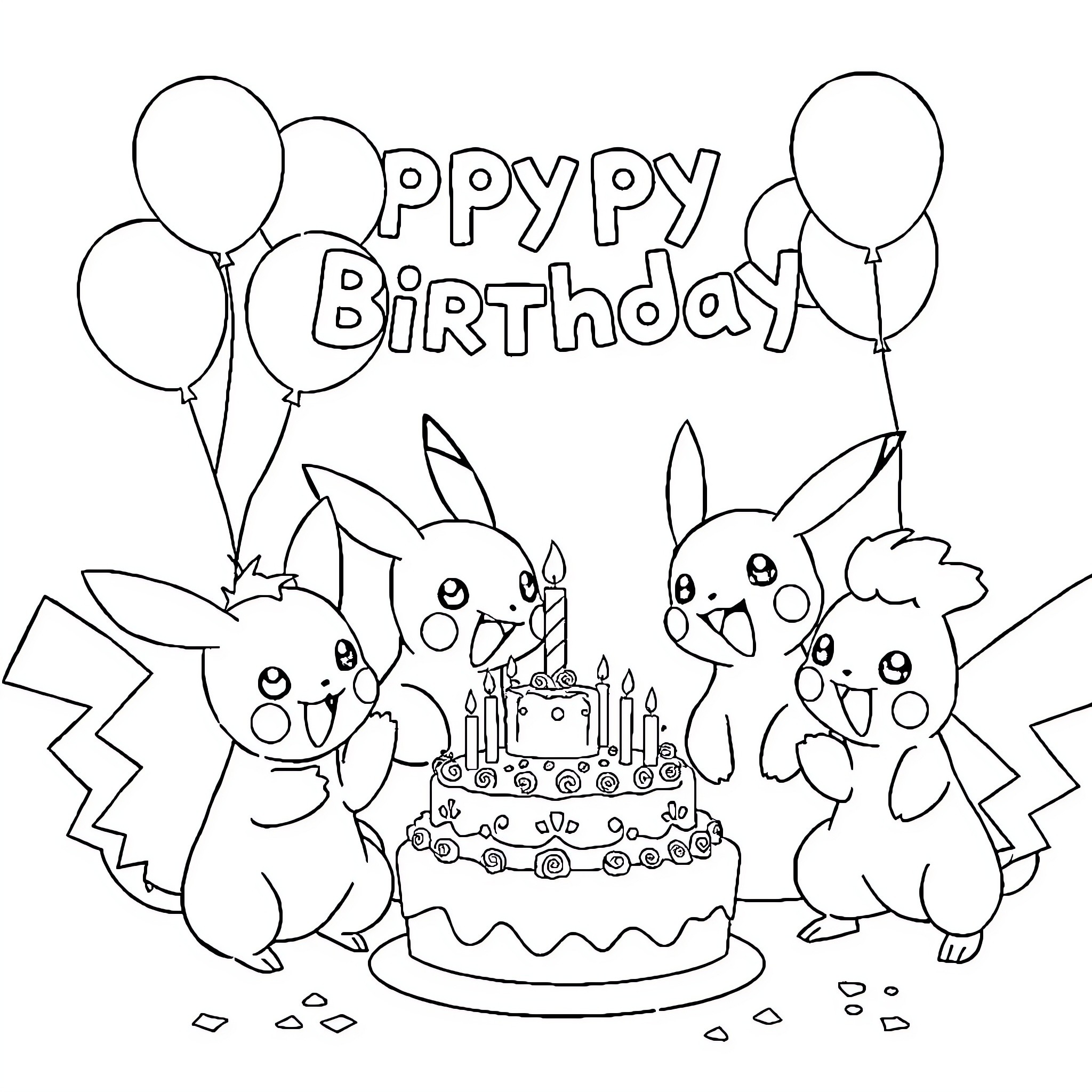 Pokémon characters celebrating a birthday party Coloring Page (free black-and-white line drawing printable PDF for all, from beginners to advanced learners, including children, teens, adults, and seniors)