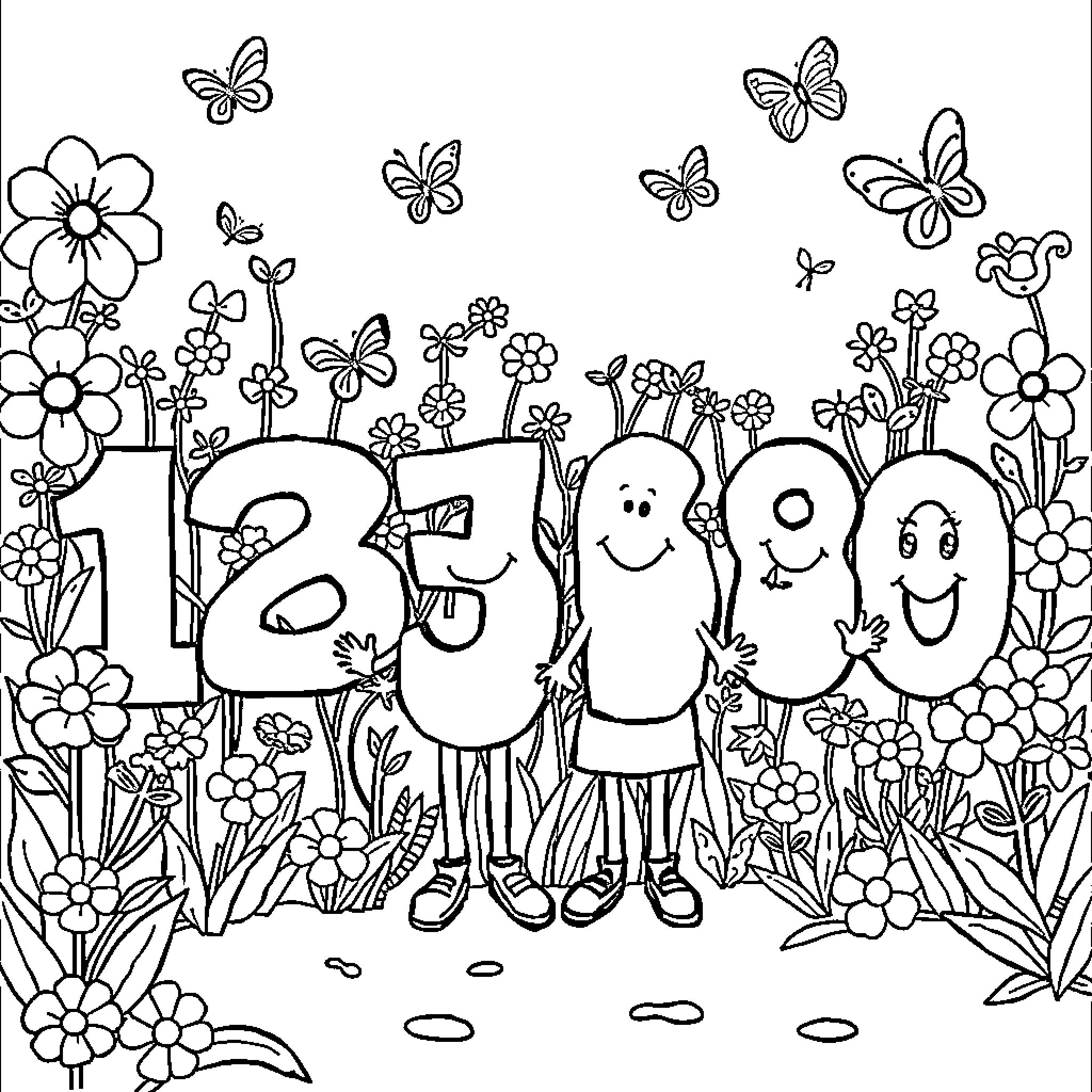 Number Happy Characters Amid Floral Elements Coloring Page (free black-and-white line drawing printable PDF for all, from beginners to advanced learners, including children, teens, adults, and seniors)