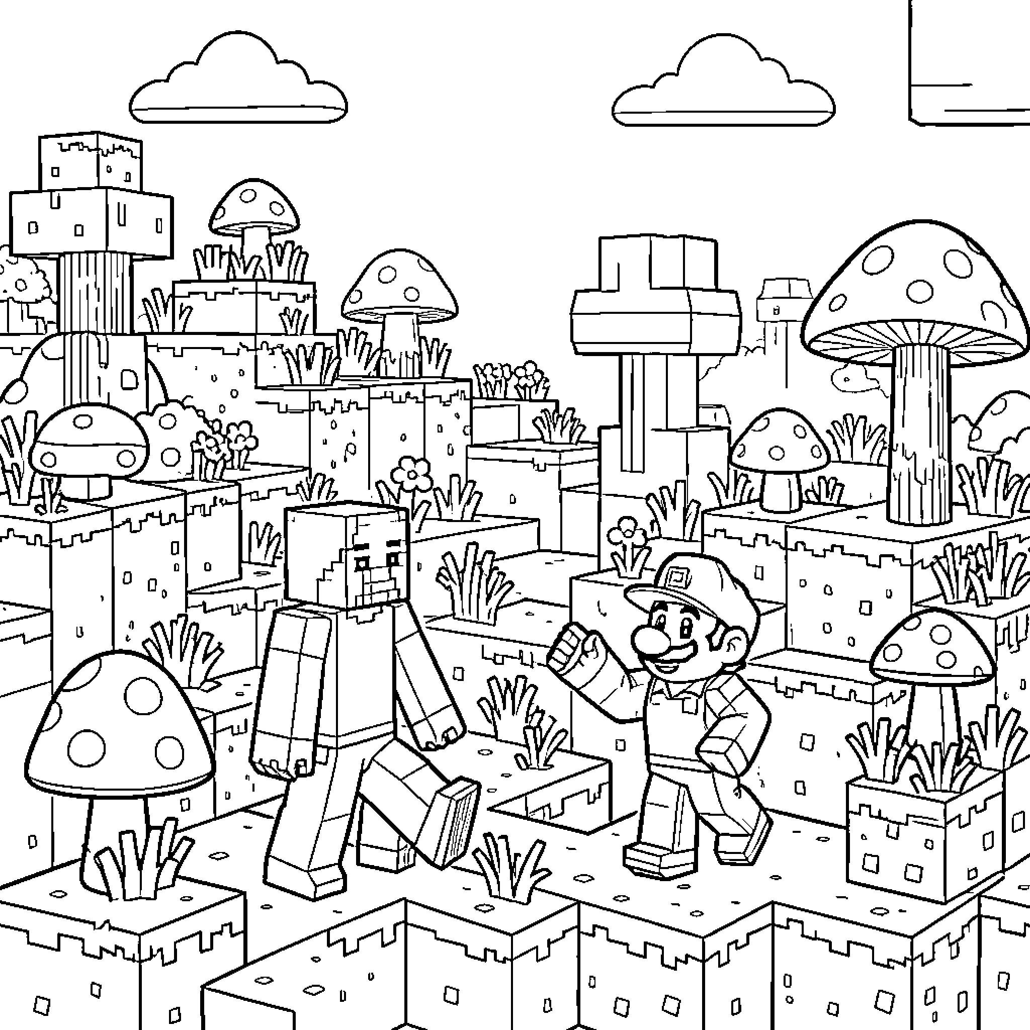 Minecraft characters exploring a mushroom-filled landscape Coloring Page (free black-and-white line drawing printable PDF for all, from beginners to advanced learners, including children, teens, adults, and seniors)