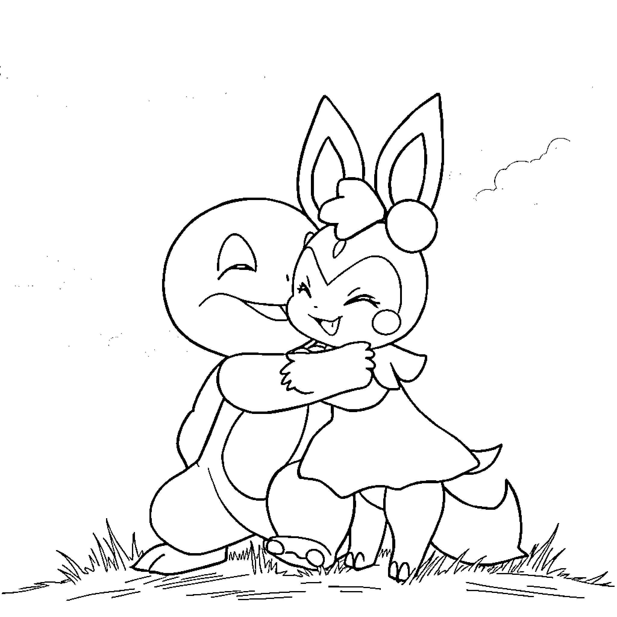 Squirtle enjoying a sunny day in the field Coloring Page (free black-and-white line drawing printable PDF for all, from beginners to advanced learners, including children, teens, adults, and seniors)