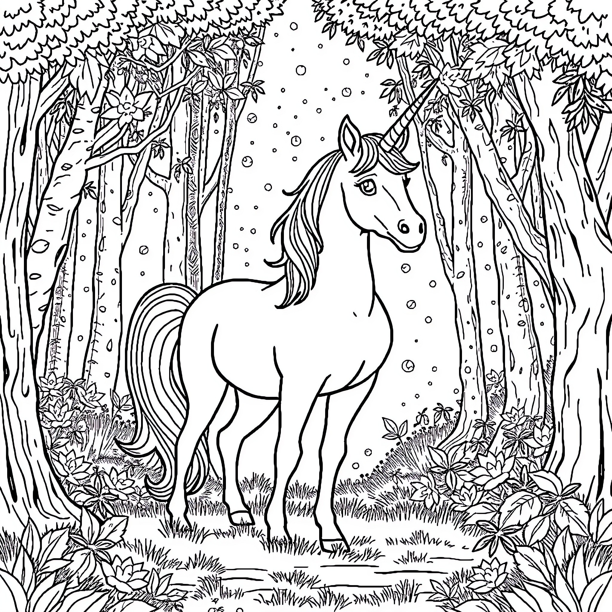 Unicorn in the enchanting forest Coloring Page (free black-and-white line drawing printable PDF for all, from beginners to advanced learners, including children, teens, adults, and seniors)