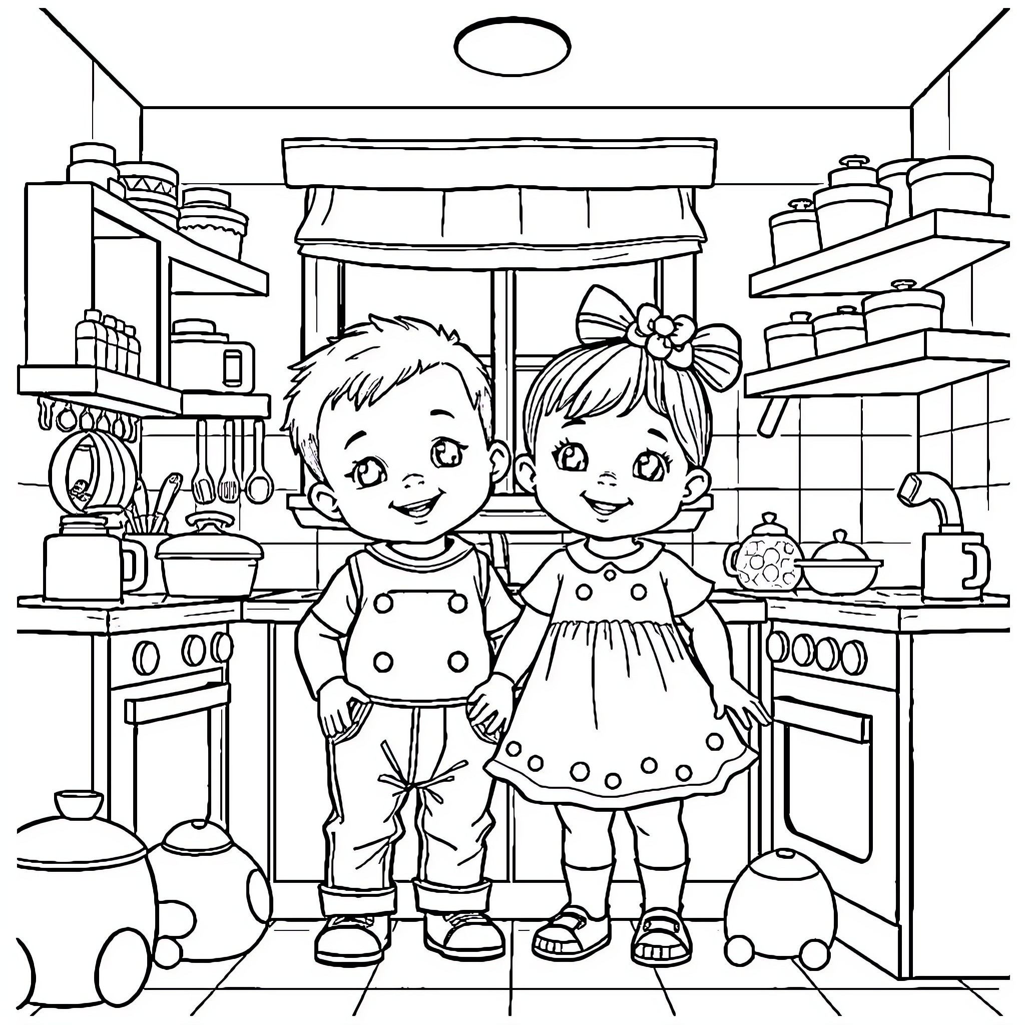 Baby siblings exploring the kitchen Coloring Page (free black-and-white line drawing printable PDF for all, from beginners to advanced learners, including children, teens, adults, and seniors)