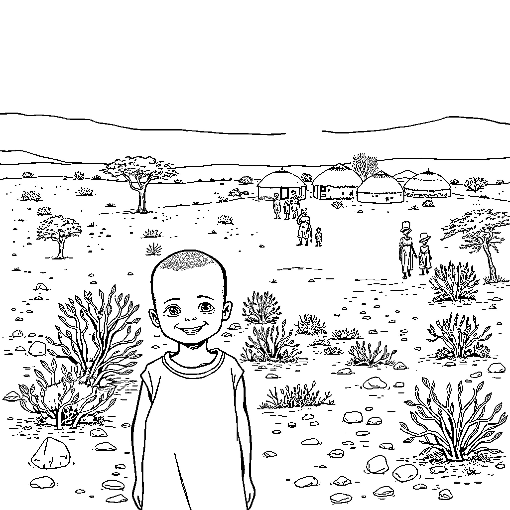 Child exploring the African savanna landscape Coloring Page (free black-and-white line drawing printable PDF for all, from beginners to advanced learners, including children, teens, adults, and seniors)