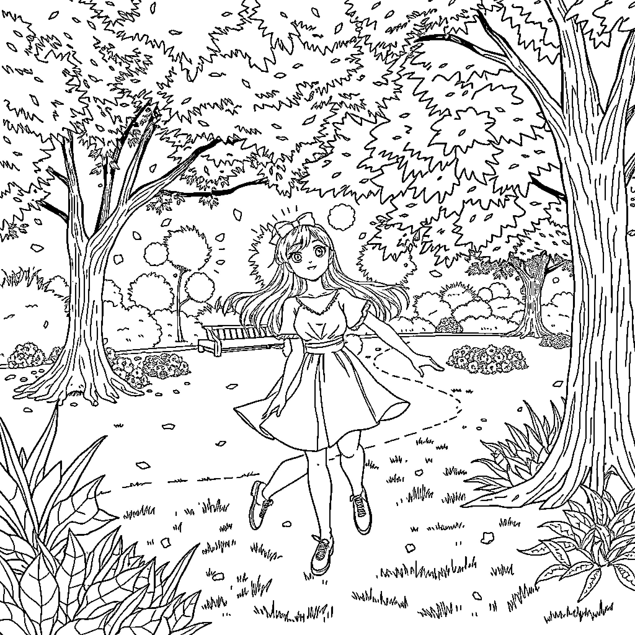 Amie dancing joyfully in the enchanted forest Coloring Page (free black-and-white line drawing printable PDF for all, from beginners to advanced learners, including children, teens, adults, and seniors)