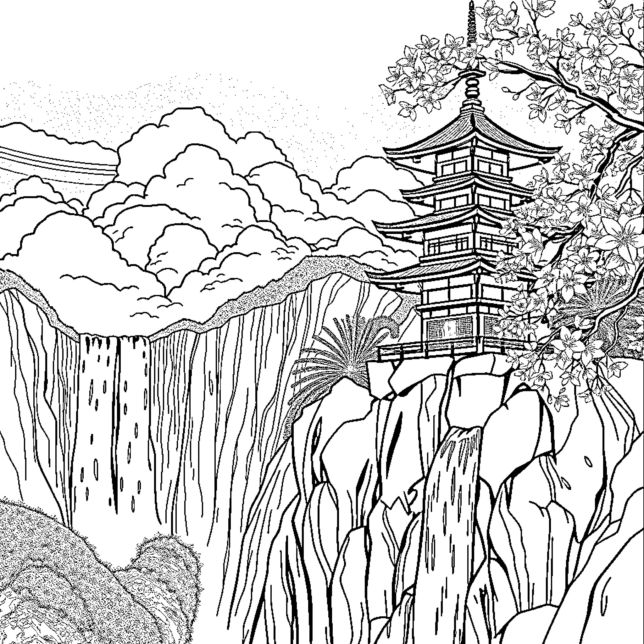 Pagoda overlooking scenic landscape with mountains and waterfalls Coloring Page (free black-and-white line drawing printable PDF for all, from beginners to advanced learners, including children, teens, adults, and seniors)