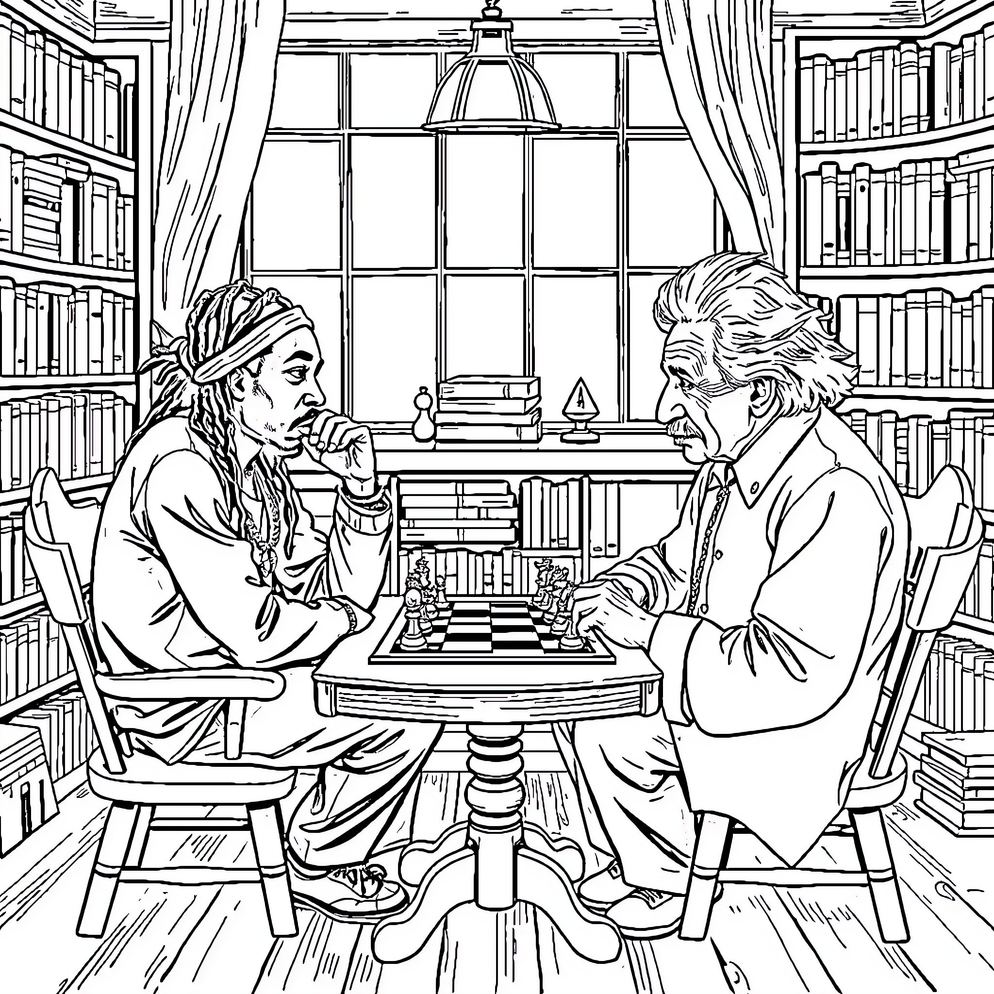 2pac playing chess with an elder in a library Coloring Page (free black-and-white line drawing printable PDF for all, from beginners to advanced learners, including children, teens, adults, and seniors)