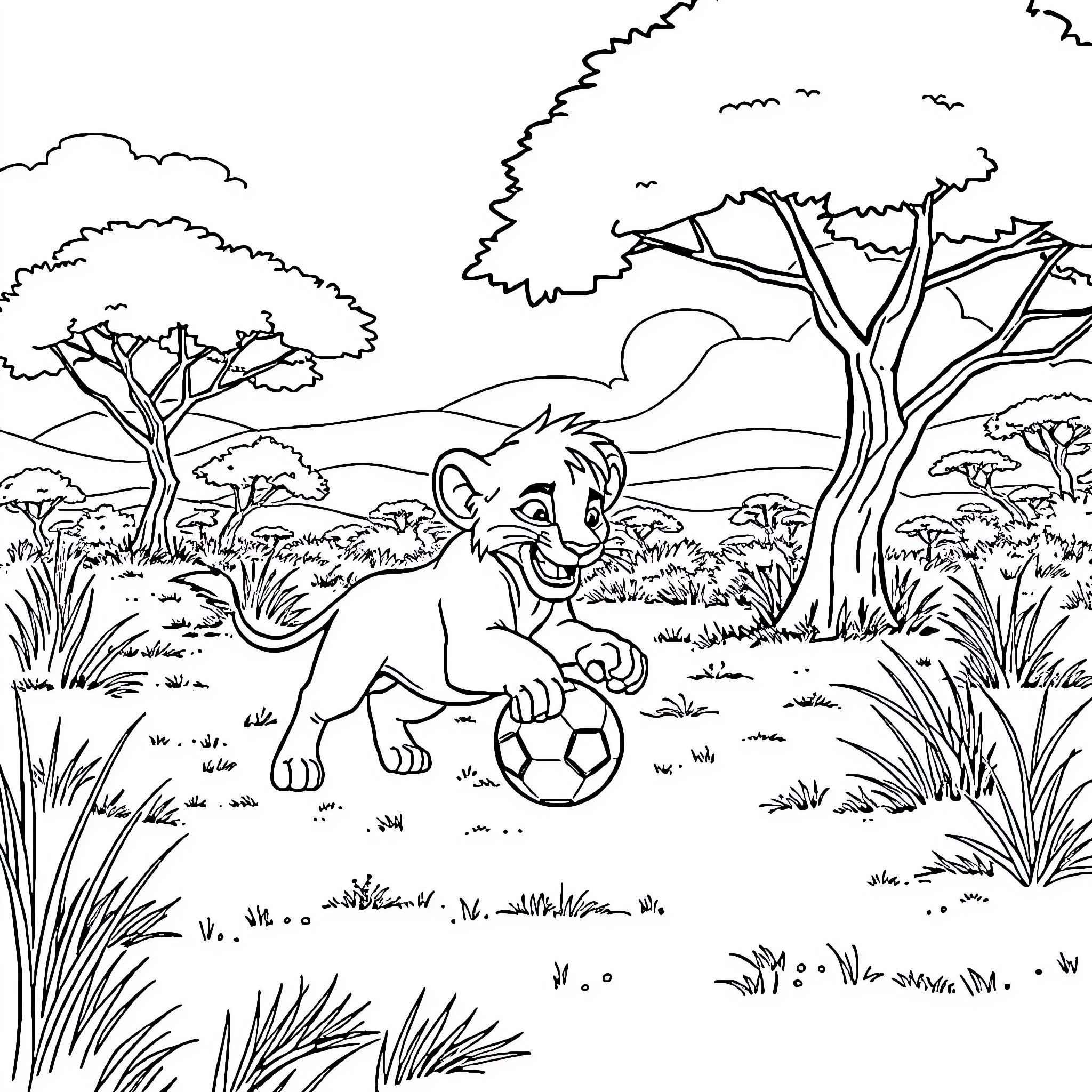 Simba playing joyfully with a soccer ball in the savanna Coloring Page (free black-and-white line drawing printable PDF for all, from beginners to advanced learners, including children, teens, adults, and seniors)