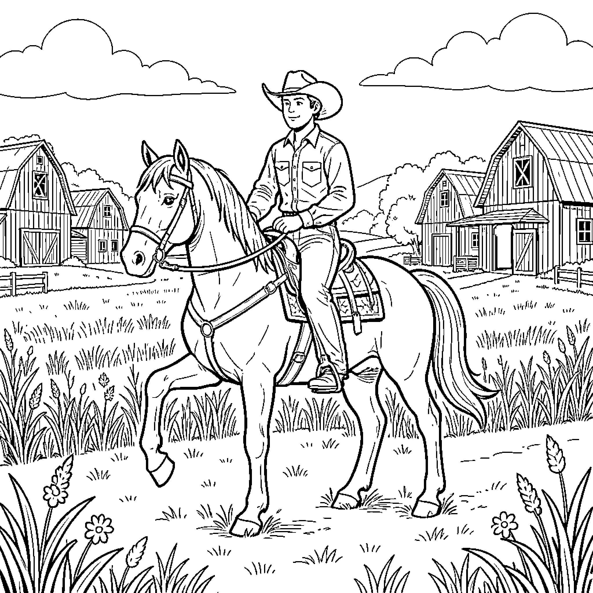 Cowboy riding a horse through a farm landscape Coloring Page (free black-and-white line drawing printable PDF for all, from beginners to advanced learners, including children, teens, adults, and seniors)
