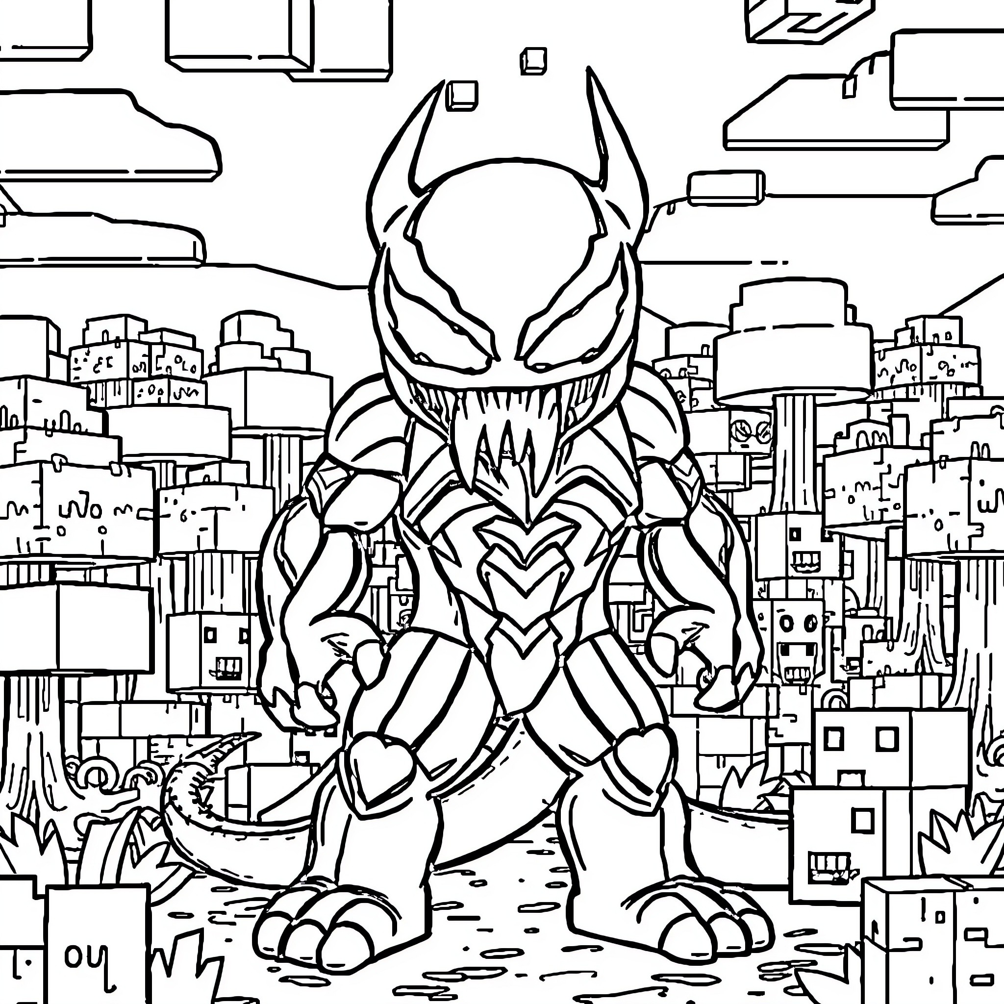 Venom Unleashed in Chaotic City Landscape Coloring Page (free black-and-white line drawing printable PDF for all, from beginners to advanced learners, including children, teens, adults, and seniors)