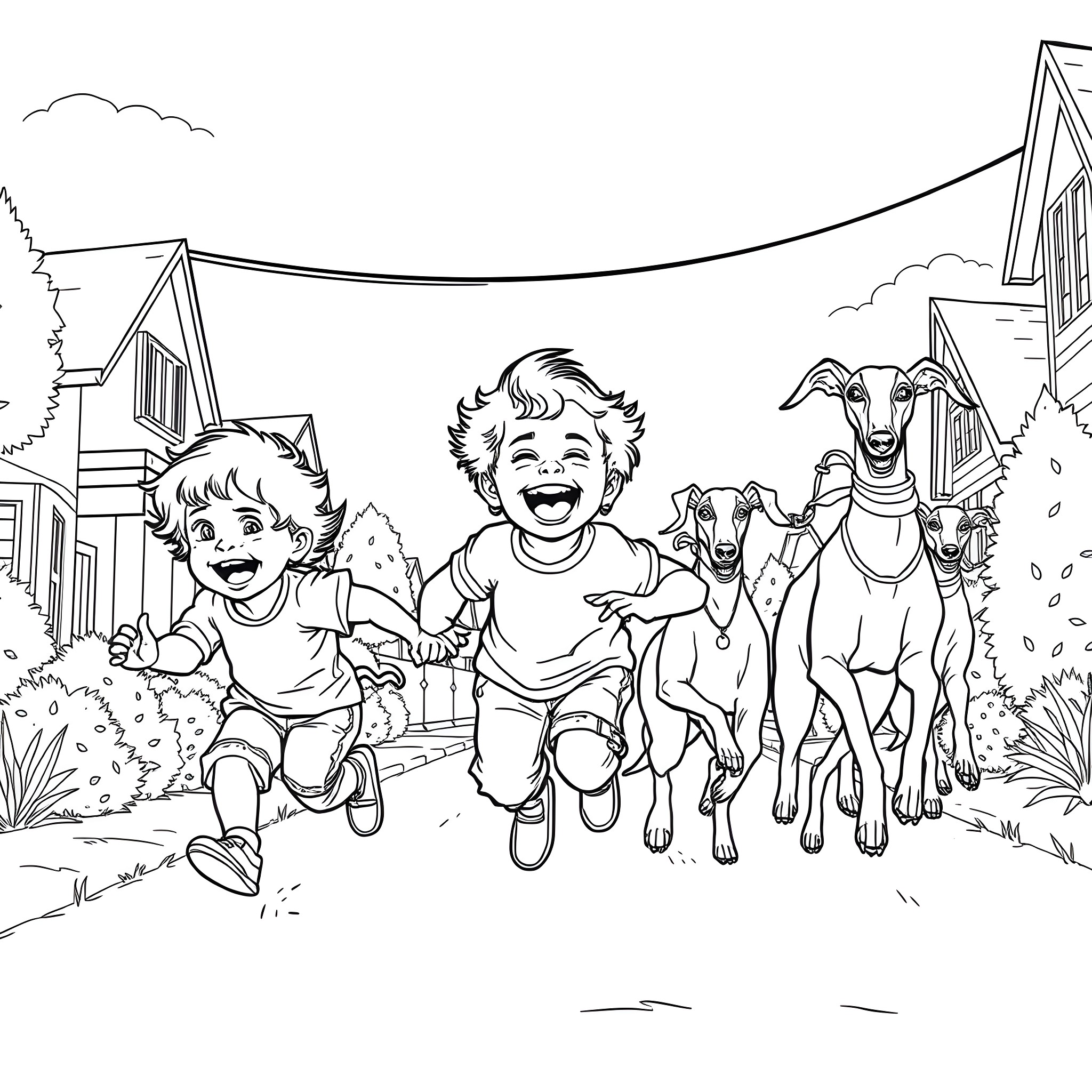 Children playing with dogs in a park Coloring Page (free black-and-white line drawing printable PDF for all, from beginners to advanced learners, including children, teens, adults, and seniors)