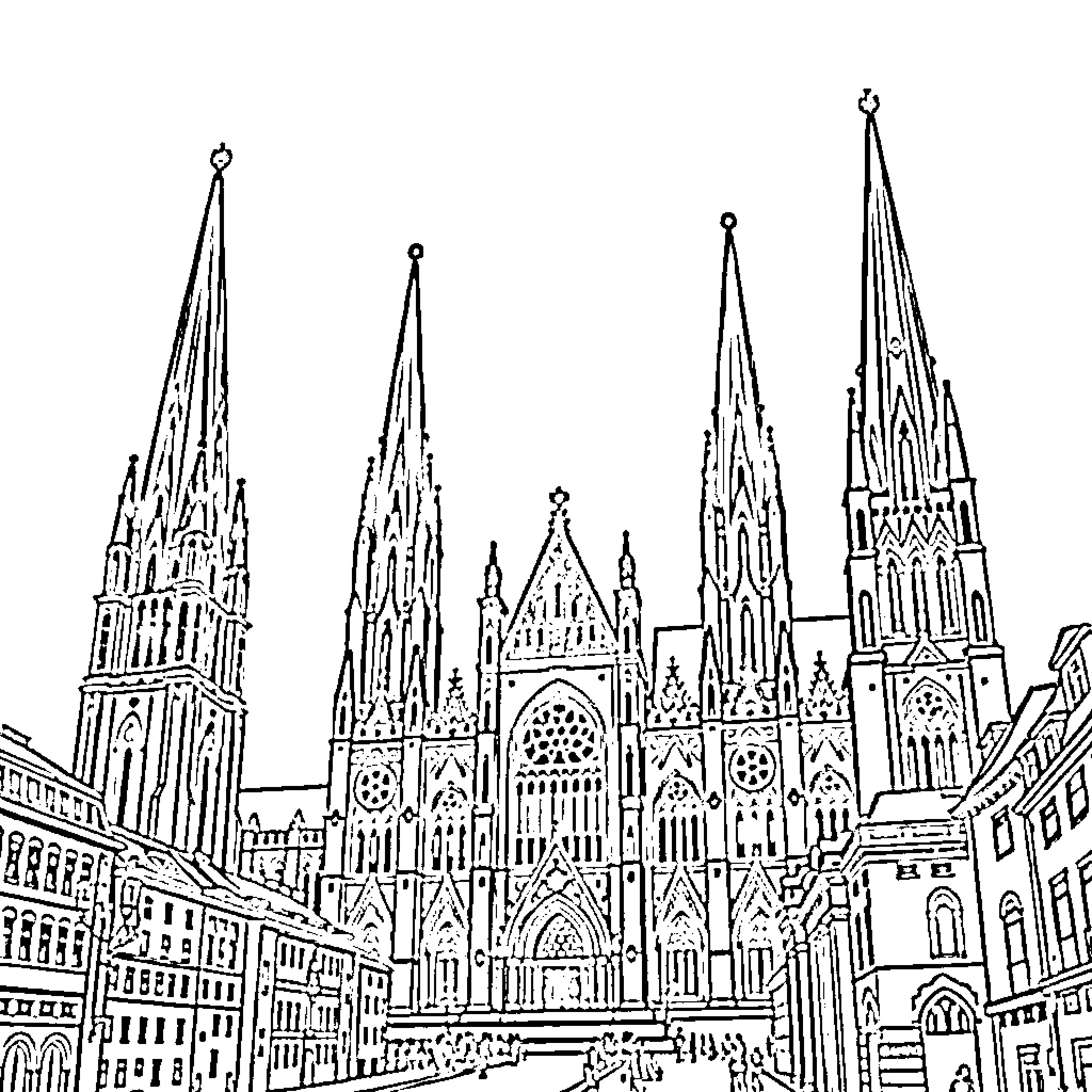 Cathedral with Ornate Spires and Architectural Details Coloring Page (free black-and-white line drawing printable PDF for all, from beginners to advanced learners, including children, teens, adults, and seniors)