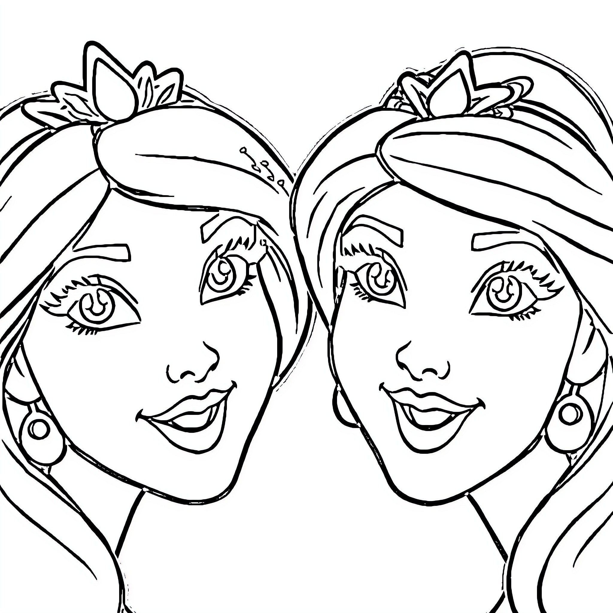 Disney Princess sisters in conversation Coloring Page (free black-and-white line drawing printable PDF for all, from beginners to advanced learners, including children, teens, adults, and seniors)