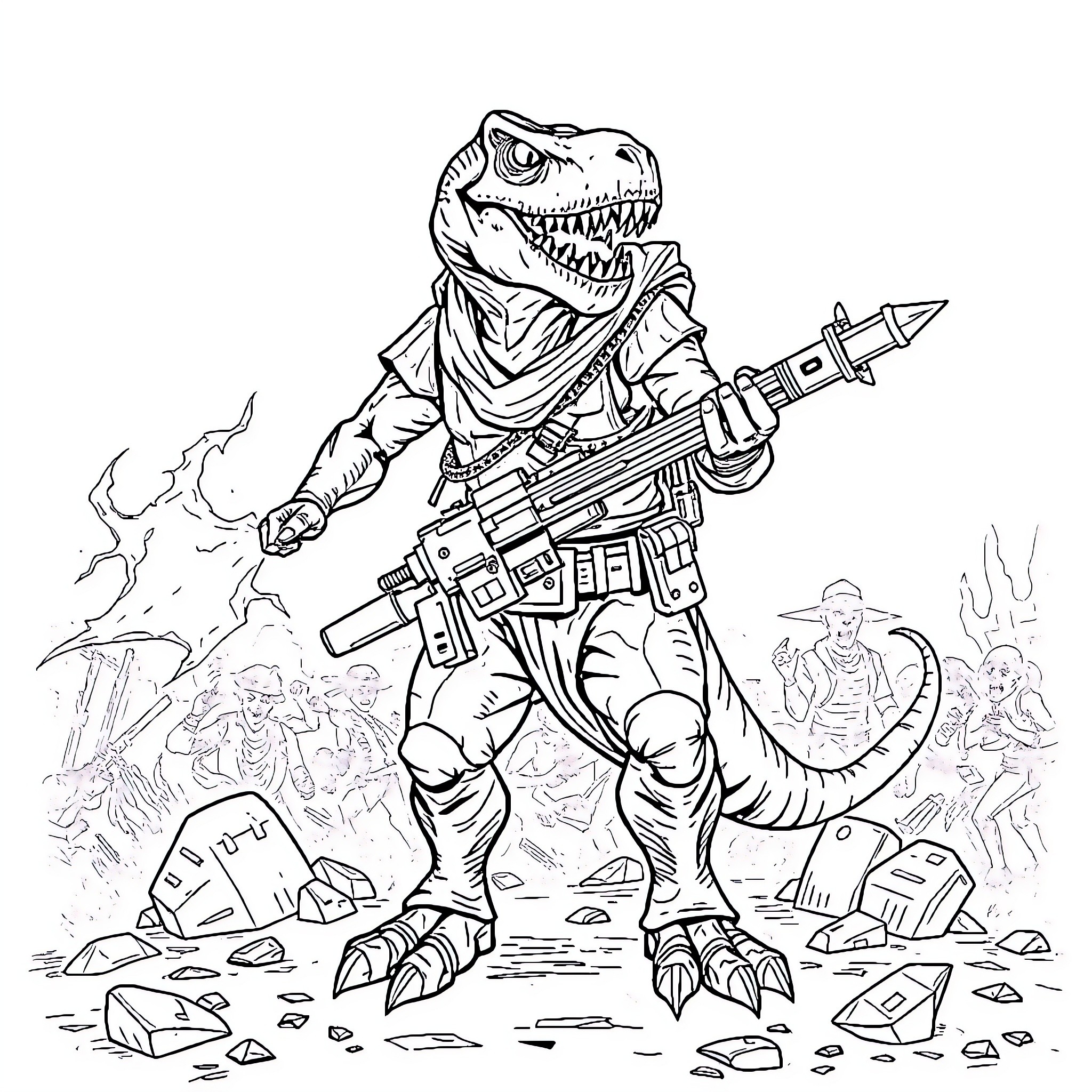 Dinosaur warrior wielding futuristic weapon on battlefield Coloring Page (free black-and-white line drawing printable PDF for all, from beginners to advanced learners, including children, teens, adults, and seniors)