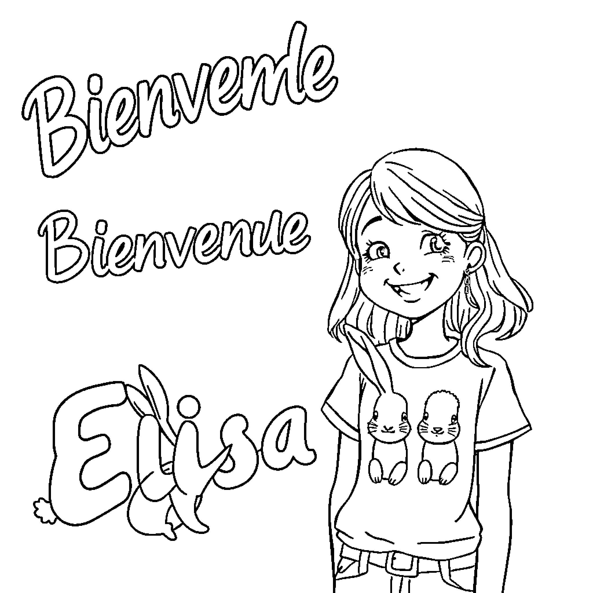 Girl Happily Welcoming with Pets Coloring Page (free black-and-white line drawing printable PDF for all, from beginners to advanced learners, including children, teens, adults, and seniors)