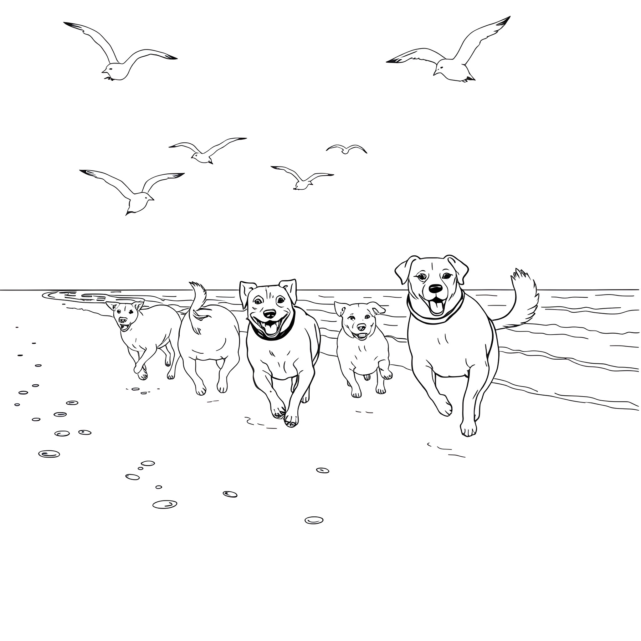 Dogs playing happily on the beach Coloring Page (free black-and-white line drawing printable PDF for all, from beginners to advanced learners, including children, teens, adults, and seniors)
