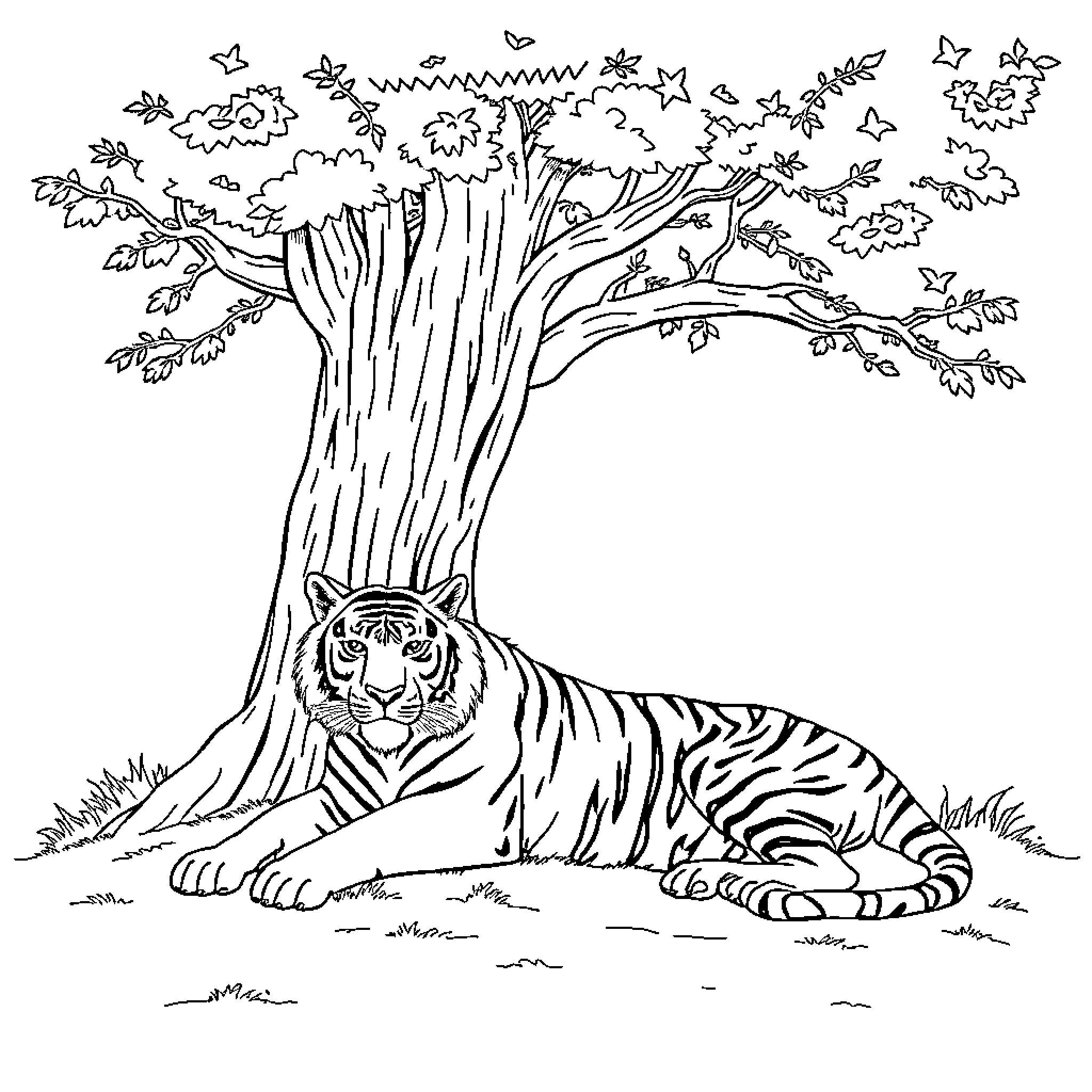 Tiger resting in the tranquil forest Coloring Page (free black-and-white line drawing printable PDF for all, from beginners to advanced learners, including children, teens, adults, and seniors)