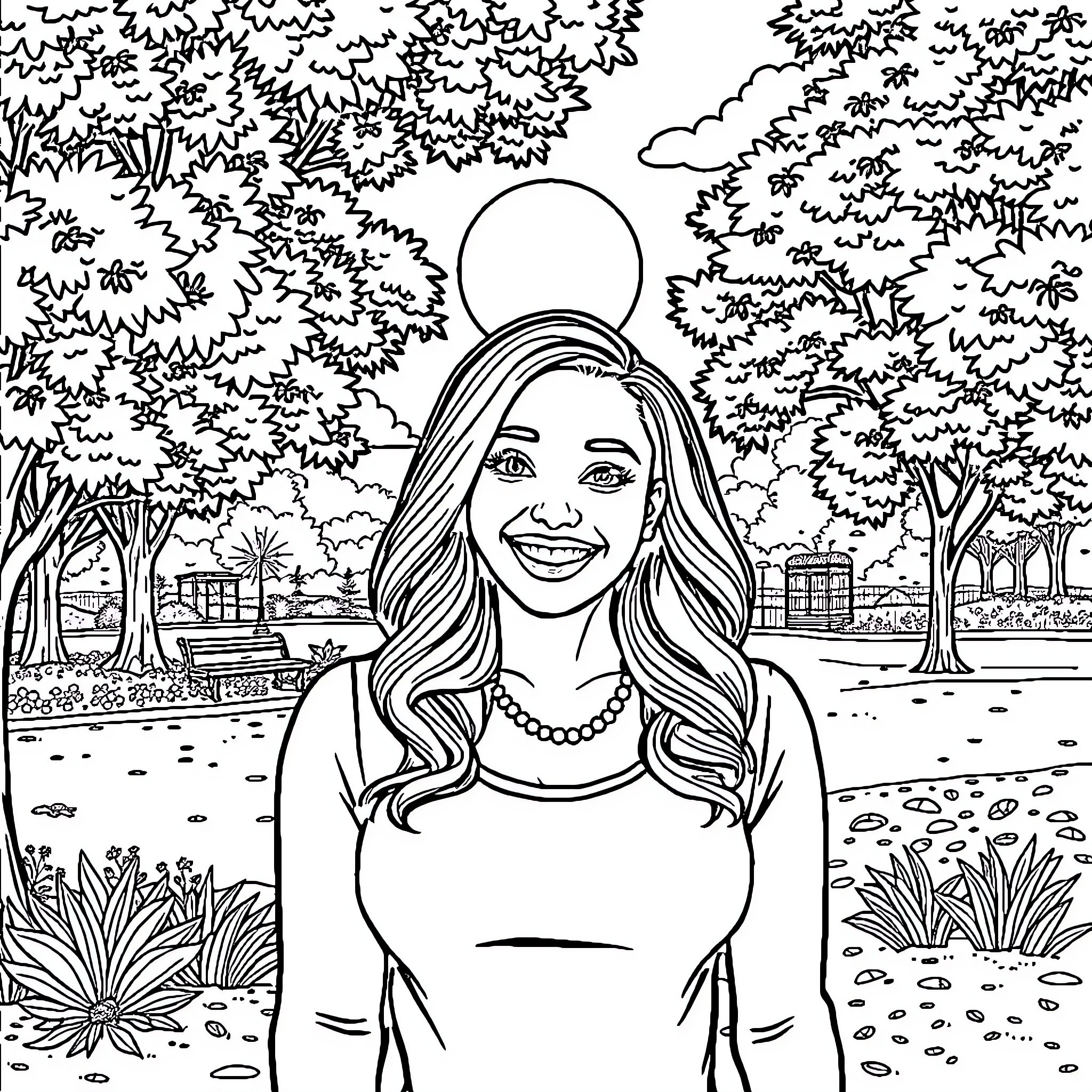 Tiffany enjoying a sunny day in the park Coloring Page (free black-and-white line drawing printable PDF for all, from beginners to advanced learners, including children, teens, adults, and seniors)