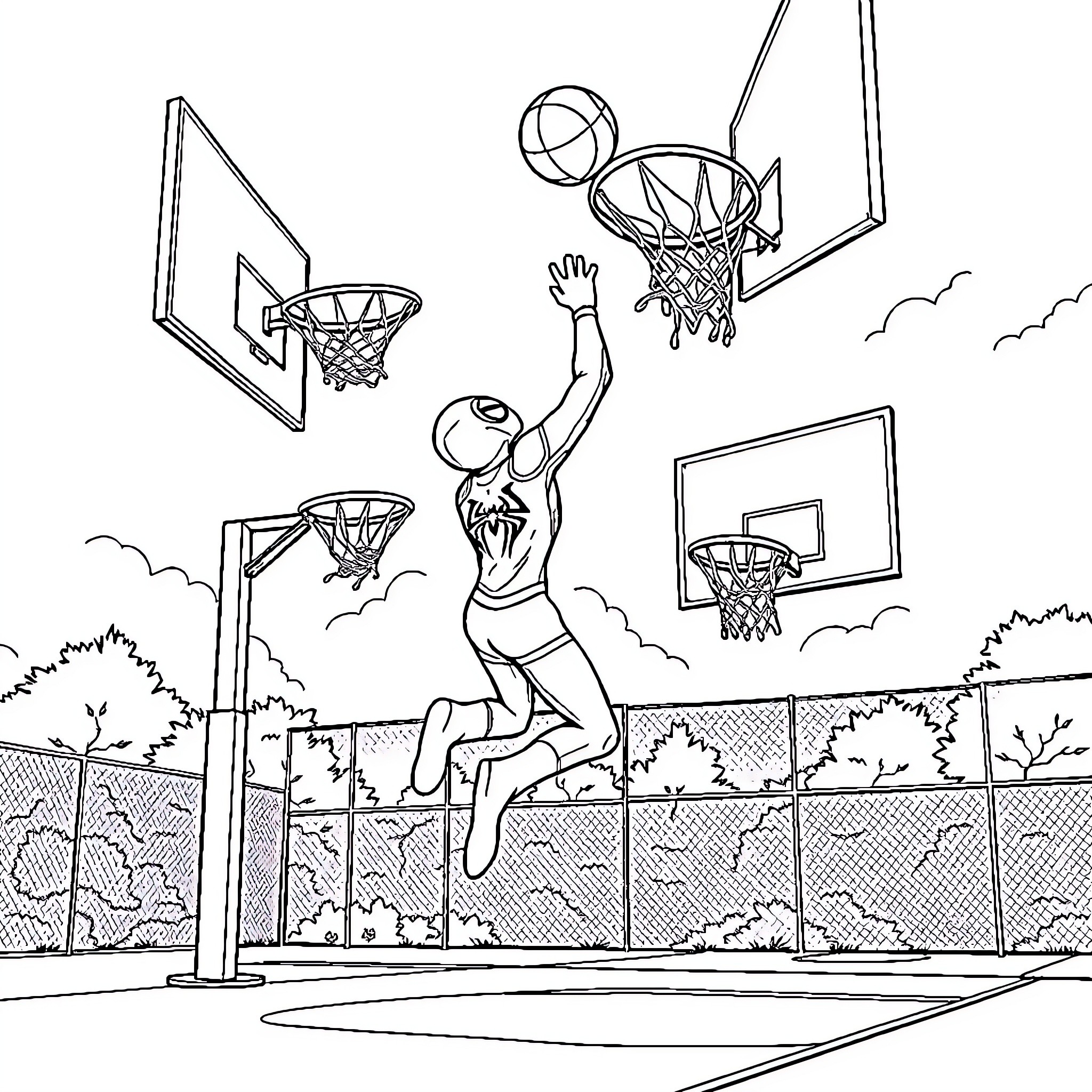 Spiderman displaying basketball skills on the court Coloring Page (free black-and-white line drawing printable PDF for all, from beginners to advanced learners, including children, teens, adults, and seniors)