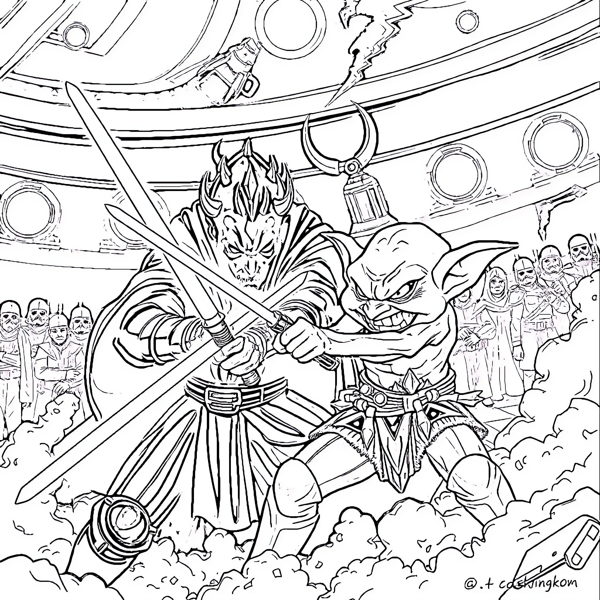 Darth Maul's Fierce Battle Coloring Page (free black-and-white line drawing printable PDF for all, from beginners to advanced learners, including children, teens, adults, and seniors)