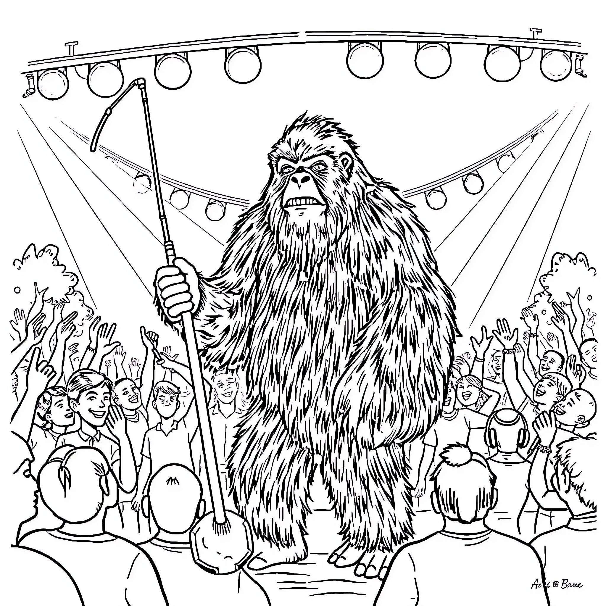 Sasquatch entertaining a crowd at a festival Coloring Page (free black-and-white line drawing printable PDF for all, from beginners to advanced learners, including children, teens, adults, and seniors)