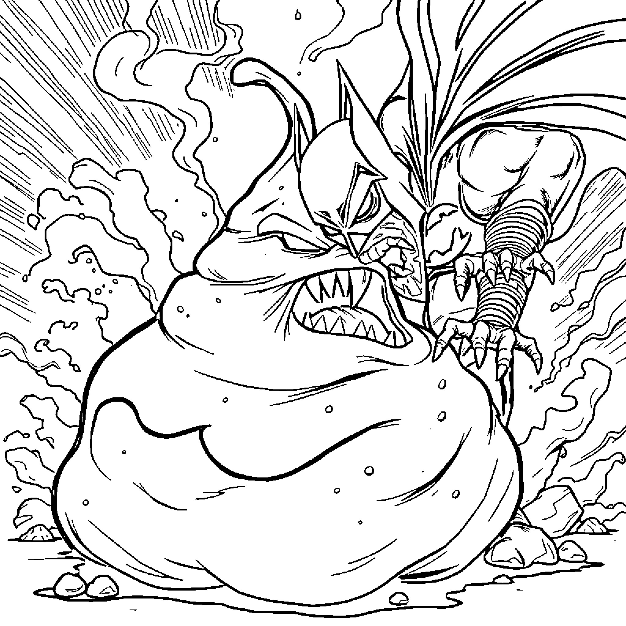 Poop Monster Unleashing Chaos Coloring Page (free black-and-white line drawing printable PDF for all, from beginners to advanced learners, including children, teens, adults, and seniors)