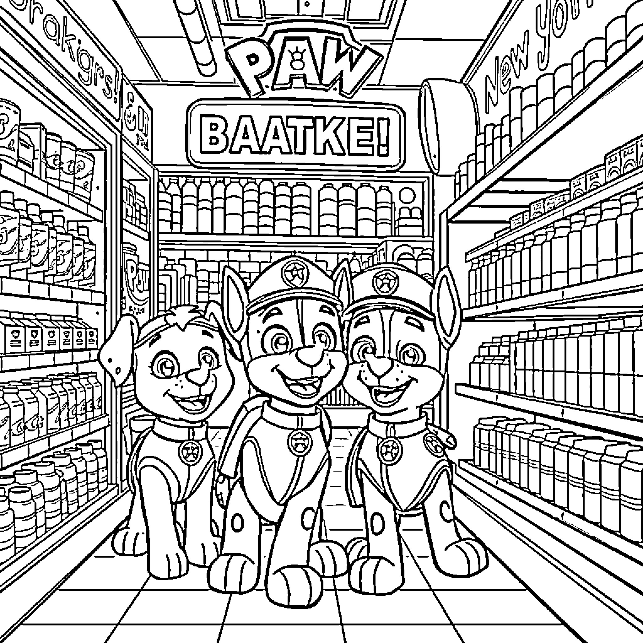 Paw Patrol Pups in Grocery Store Adventure Coloring Page (free black-and-white line drawing printable PDF for all, from beginners to advanced learners, including children, teens, adults, and seniors)