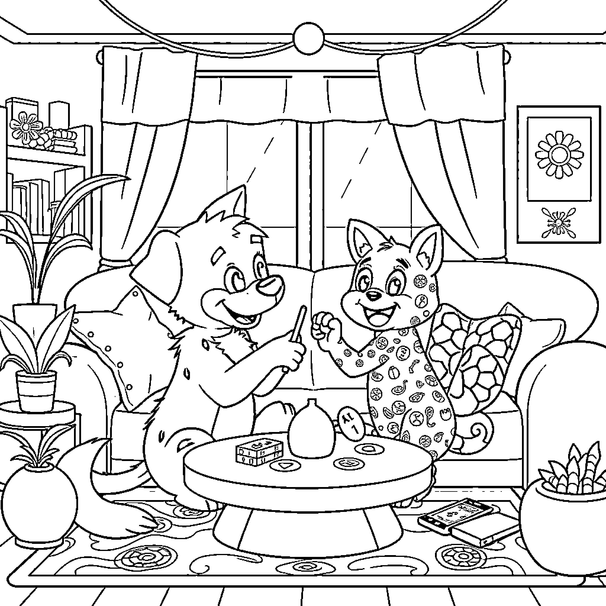 Bluey and Bingo Playing Pretend in Cozy Room Coloring Page (free black-and-white line drawing printable PDF for all, from beginners to advanced learners, including children, teens, adults, and seniors)