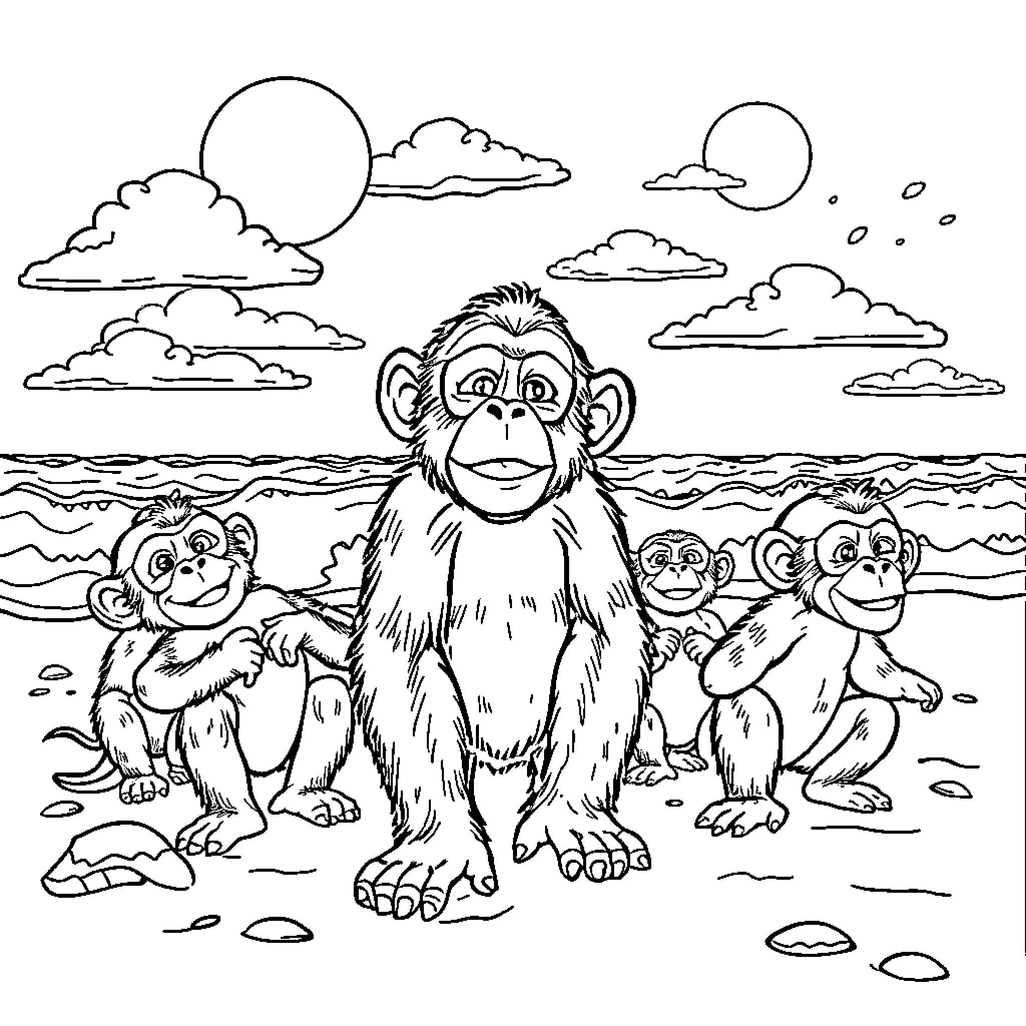Chimp family exploring the beach Coloring Page (free black-and-white line drawing printable PDF for all, from beginners to advanced learners, including children, teens, adults, and seniors)