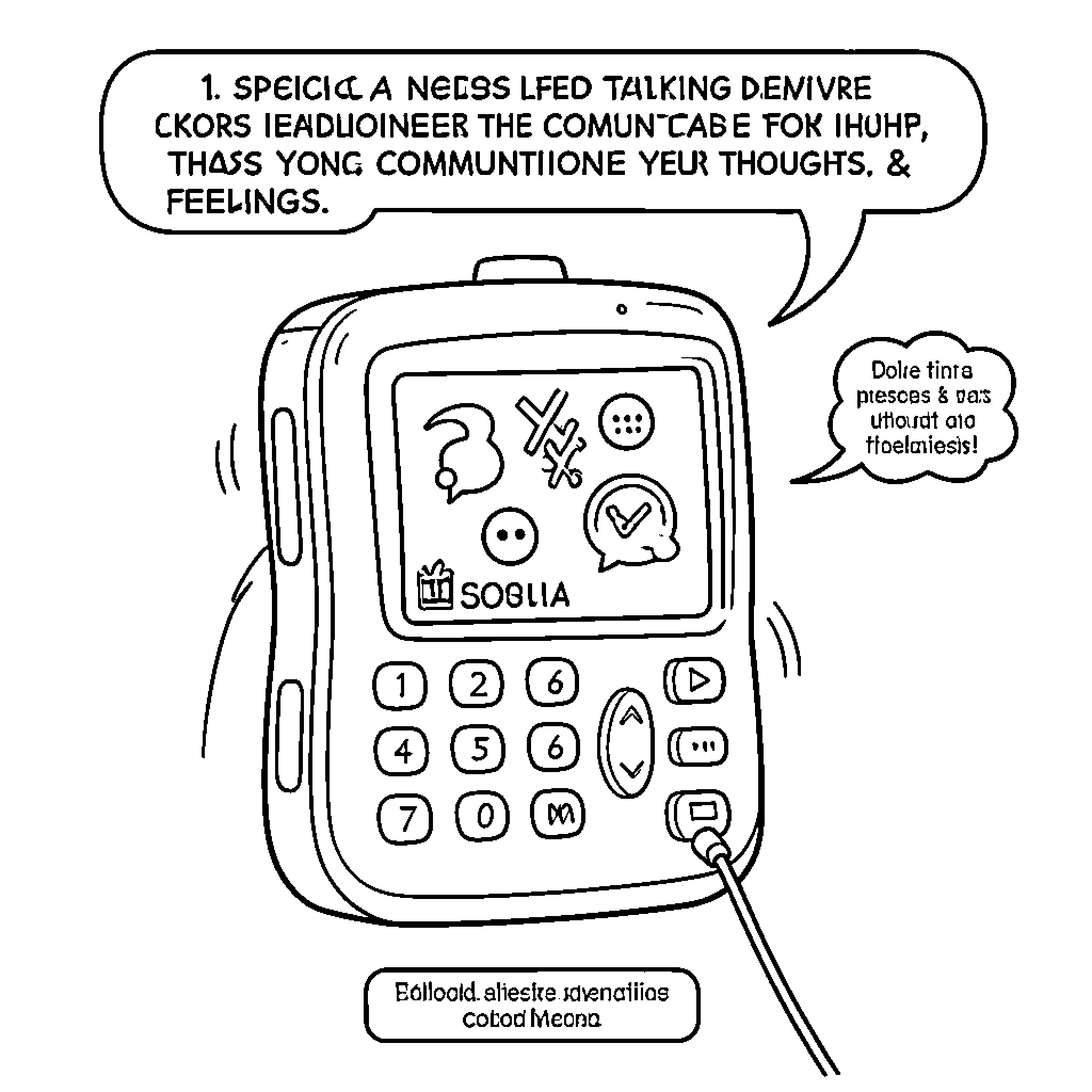 Talking Device Expressing Communicative Thoughts & Feelings Coloring Page (free black-and-white line drawing printable PDF for all, from beginners to advanced learners, including children, teens, adults, and seniors)
