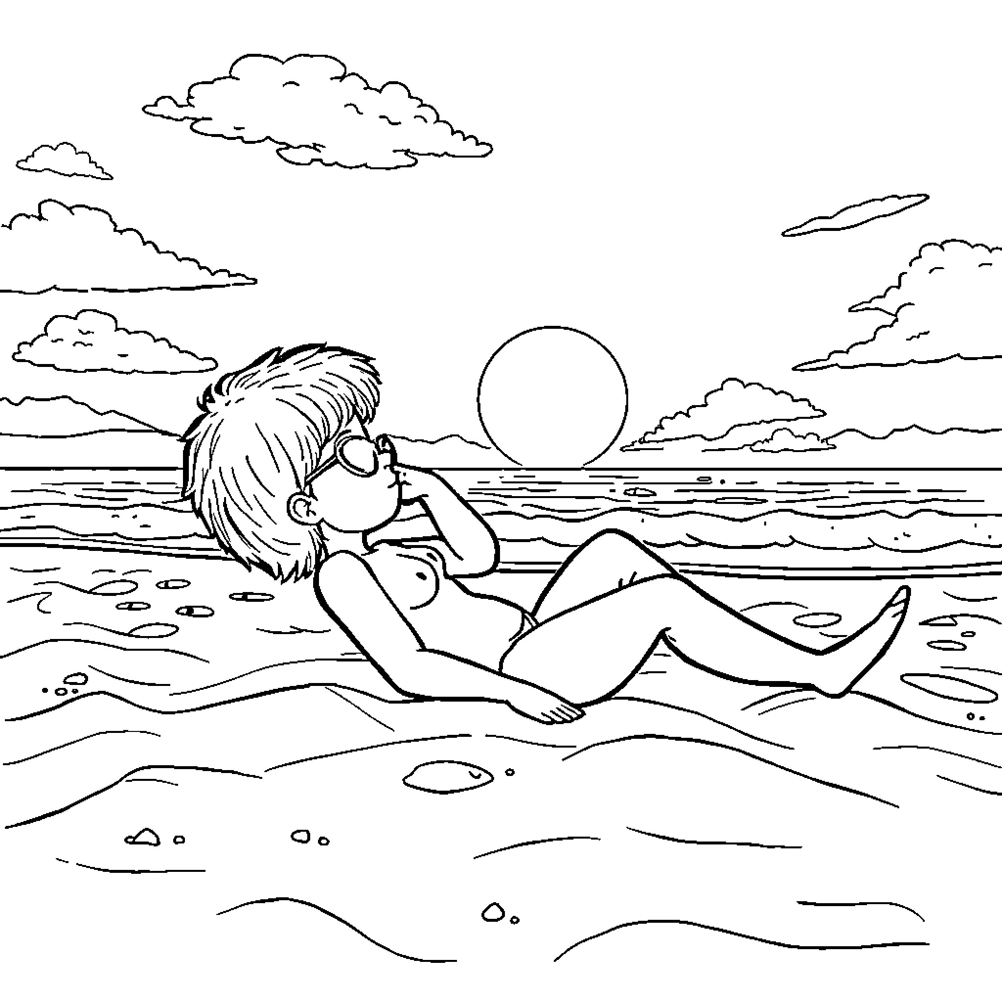 Bebe relaxing on the beach during sunset Coloring Page (free black-and-white line drawing printable PDF for all, from beginners to advanced learners, including children, teens, adults, and seniors)