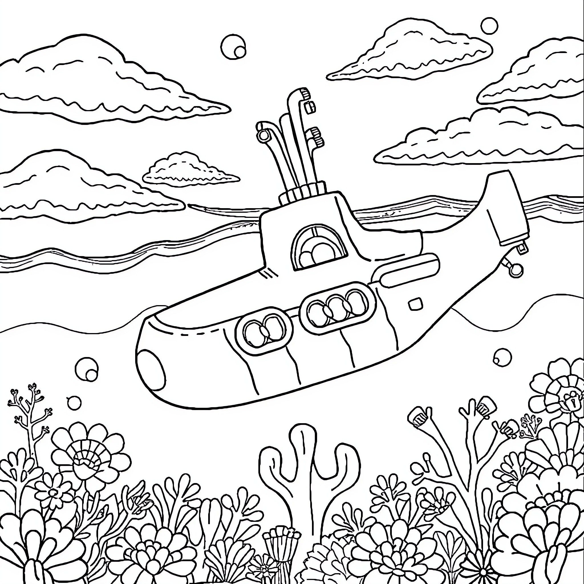 Submarine sailing amidst underwater flora and fauna Coloring Page (free black-and-white line drawing printable PDF for all, from beginners to advanced learners, including children, teens, adults, and seniors)